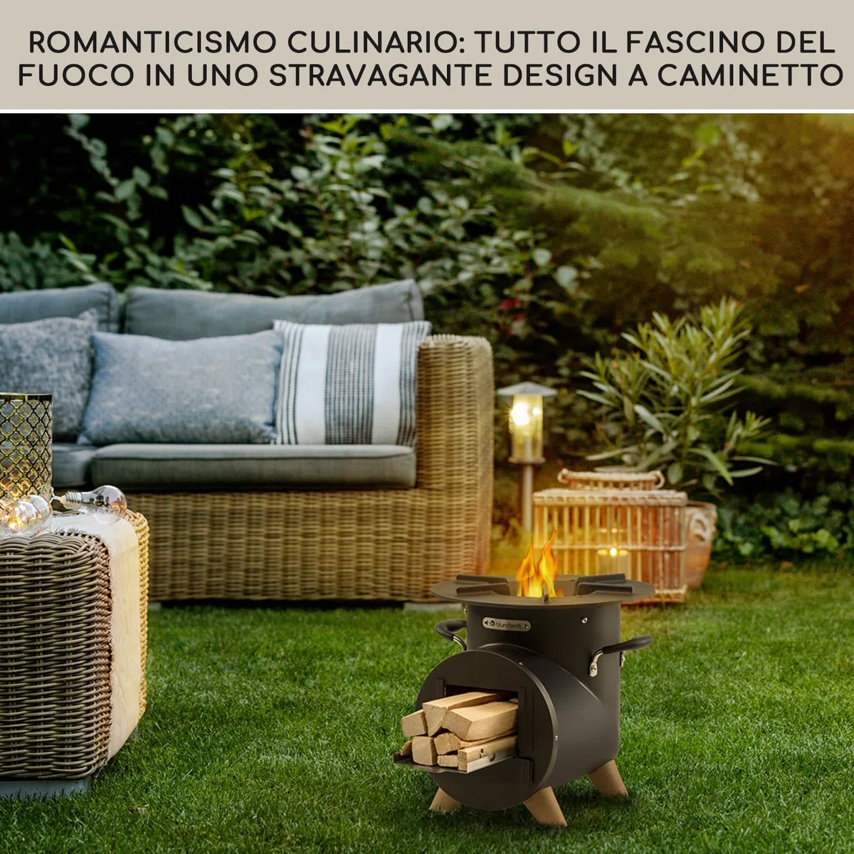 blumfeldt Braciere da Giardino Esterno, Braciere da Esterno Portatile, Braciere da Giardino con Griglia, Posacenere e Attizzatoio, Bracere Esterno Legna, Griglia Barbecue da Campeggio con Base Legno