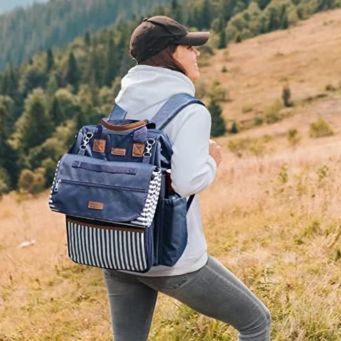 Zaino da picnic grande capacità 4 piatti scomparto termico 22,9 cm manico legno posate coperta impermeabile blu navy