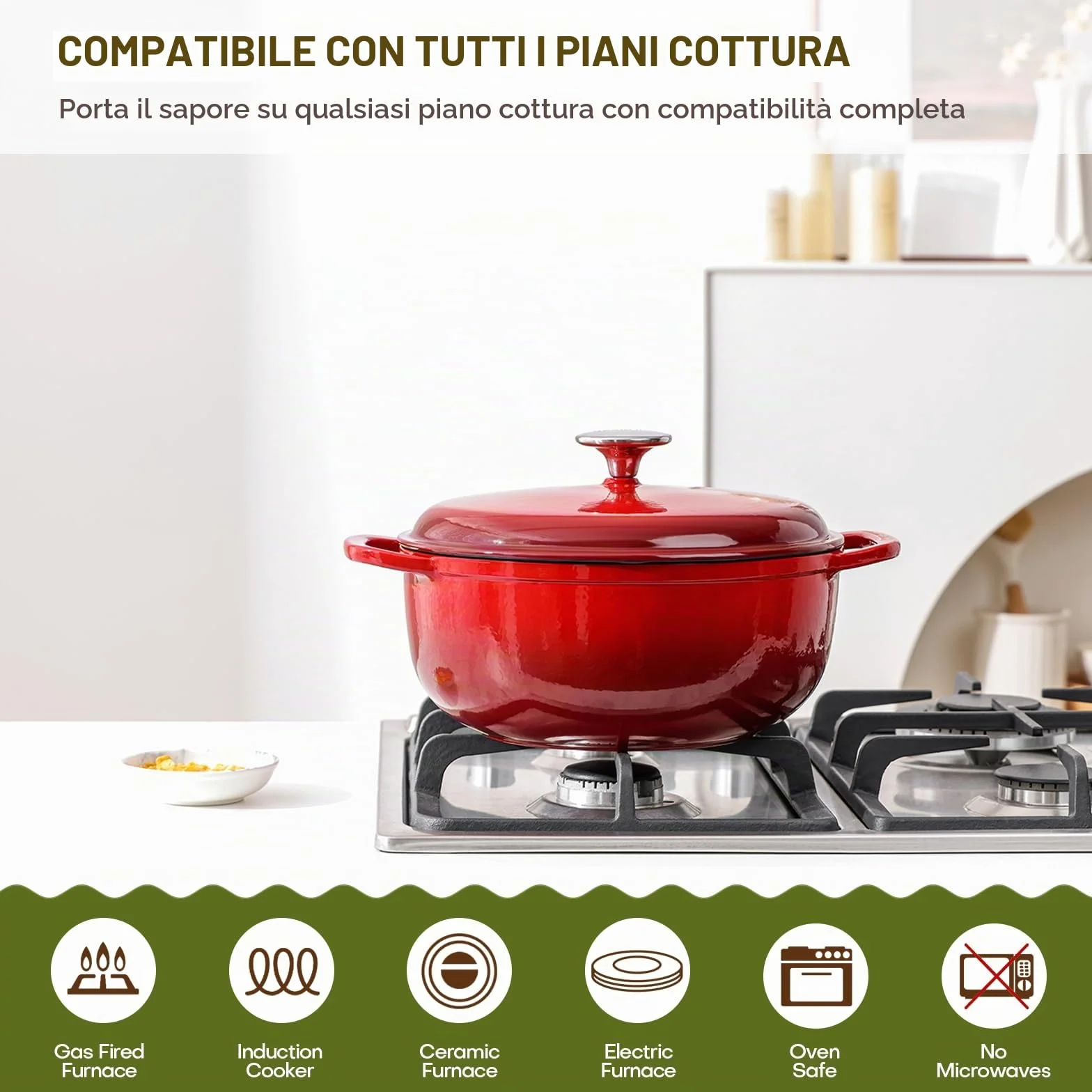 Kordisen Casseruola in Ghisa Smaltata 28 cm/5.7L con Coperchio, per Cuocere il Pane a Lievitazione Naturale, Adatta al Forno Fino a 260°C, Robusta e Capiente, Rossa