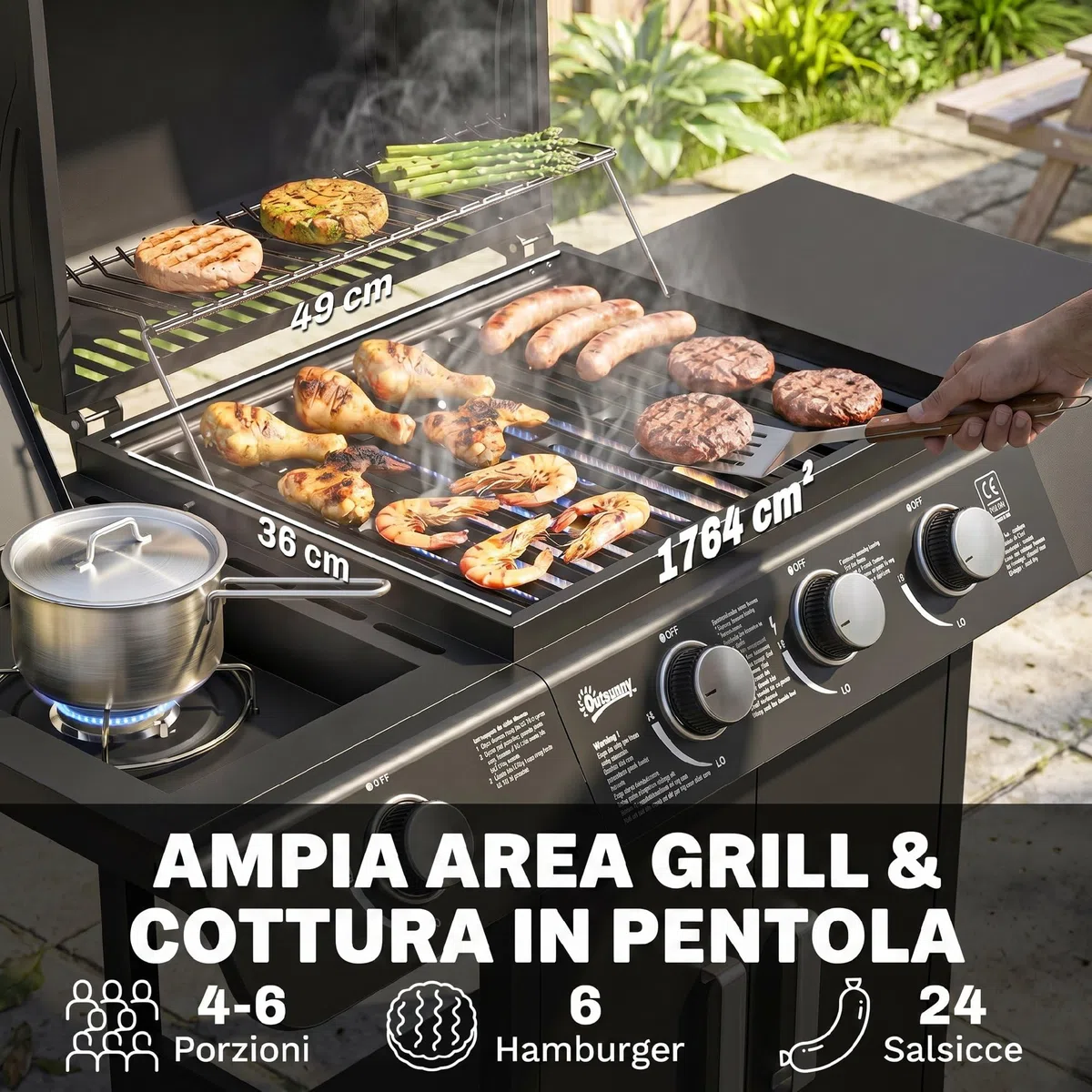 Outsunny Barbecue a Gas 4 Bruciatori 11.6kW Termometro Fornello Laterale Mensola 2 Ruote 110x50x100cm Nero