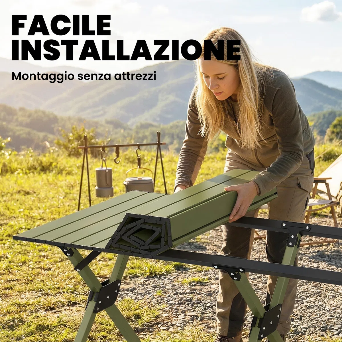 Outsunny Tavolo da Campeggio Pieghevole 116 cm, Tavolo da Picnic Impermeabile con Piano Arrotolabile e Struttura in Metallo, Portatile per Giardino, Parco, BBQ, Verde