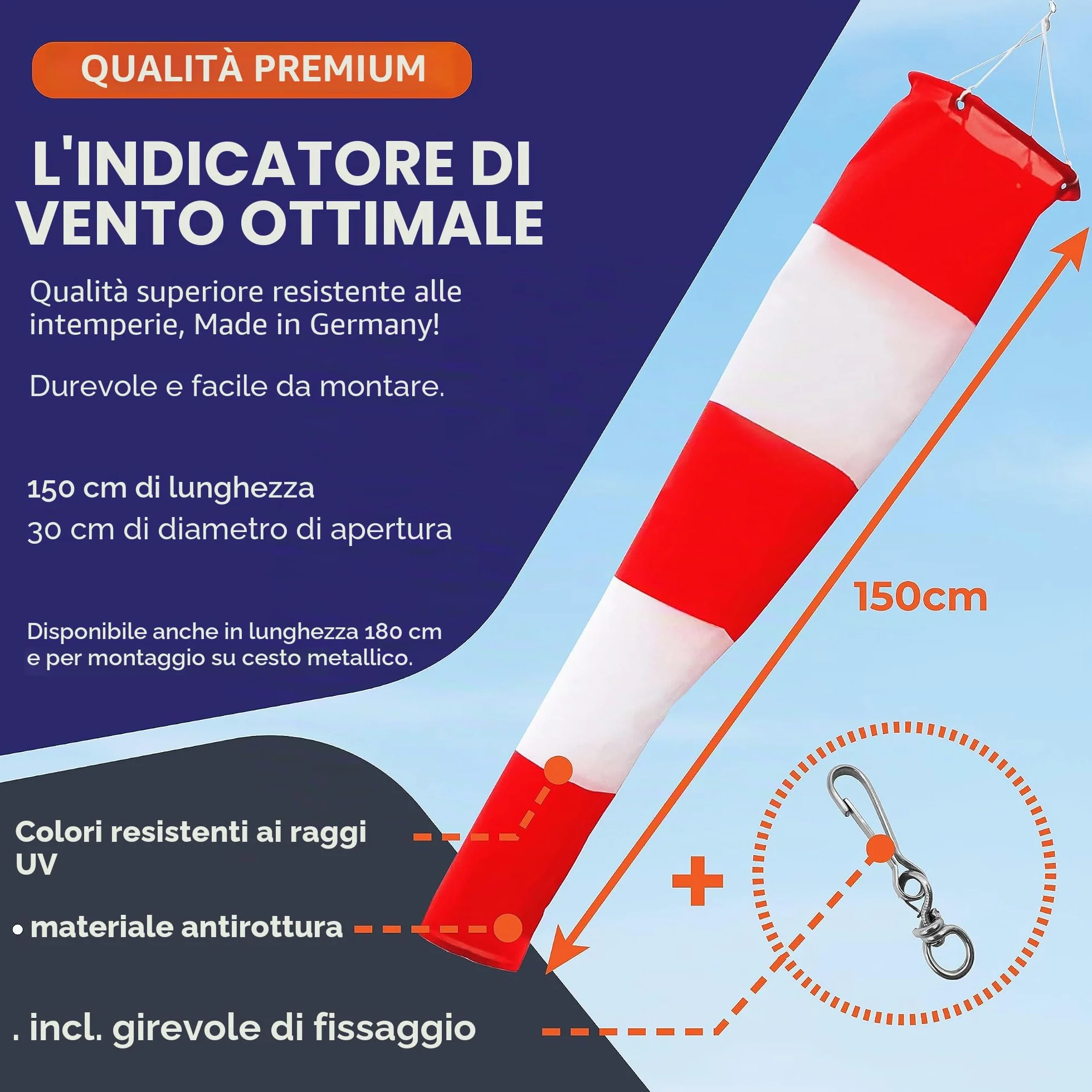indicatore di direzione del vento in rosso-bianco 150x30x15cm con sospensione e girevole, resistente alle intemperie, indicatore di vento, Maniche a vento, banderuola