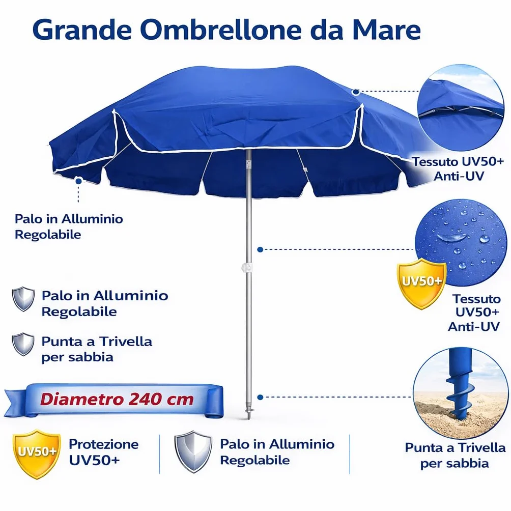 DANYX Ombrellone XXL Mare Spiaggia 240cm Palo Alluminio Stecche Fibra di Vetro Antivento Protezione UV50+ Inclinabile con Custodia e Punta a Trivella