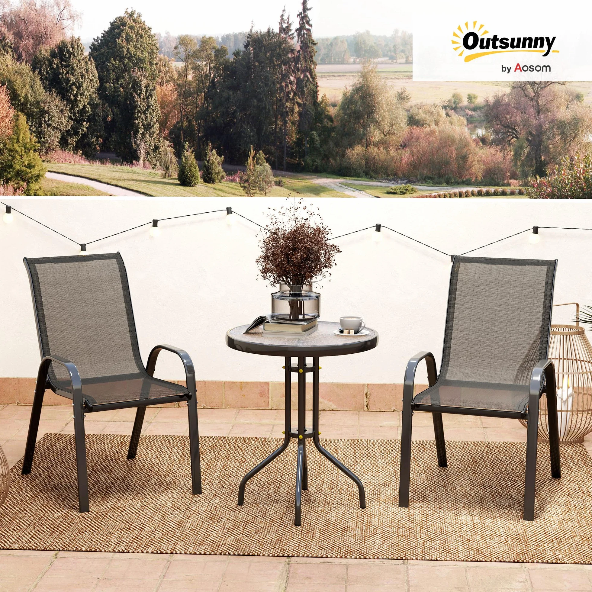 Outsunny Set da Bistro 3 Pezzi con Sedie Impilabili e Tavolino Rotondo in Acciaio e Vetro, Nero