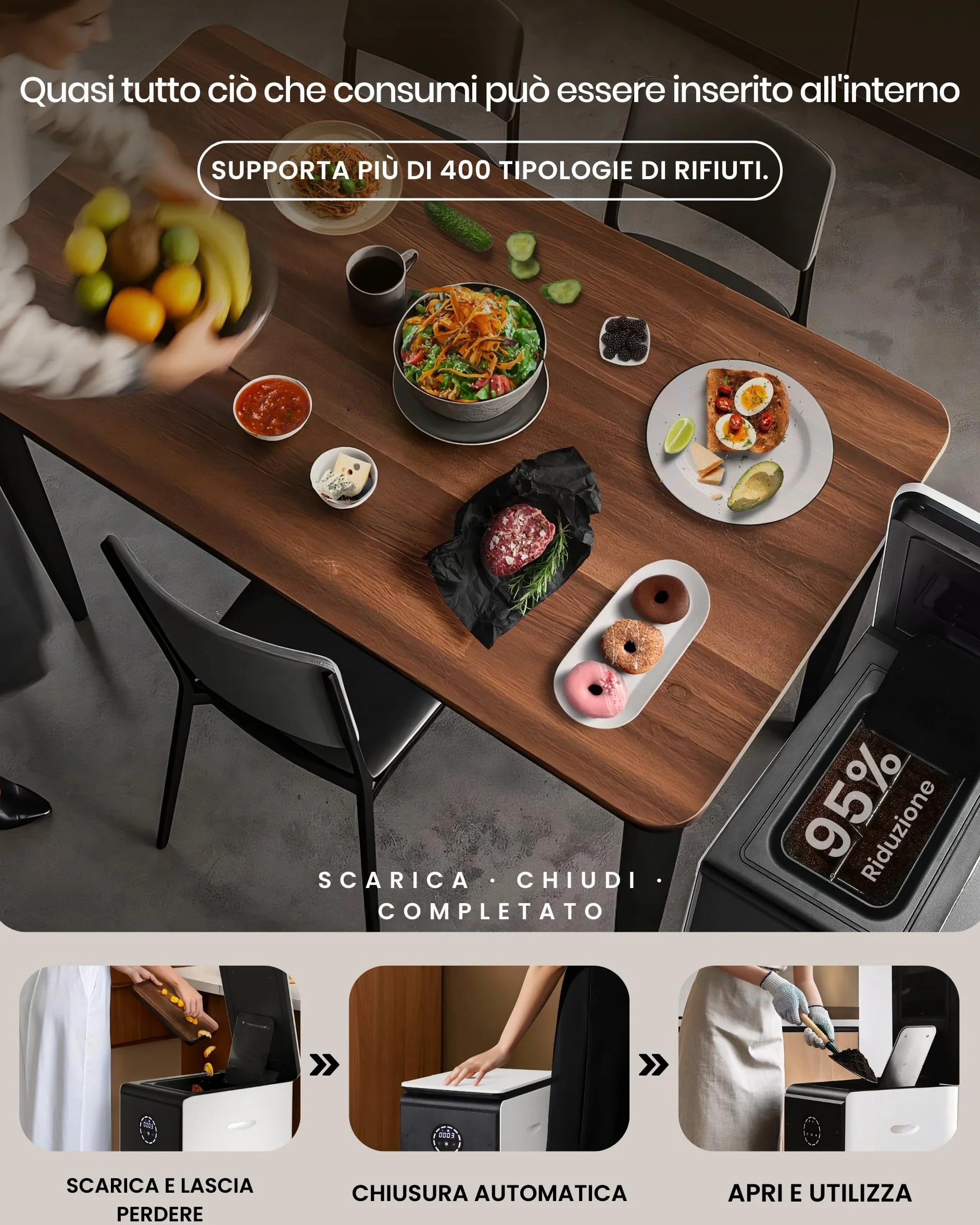 19L Composter elettrico per cucina, Compost intelligente bidone esterno/interno, schermo LED senza odore, trasformare i rifiuti alimentari in fertilizzante per giardino, Compost di rifiuti alimentari
