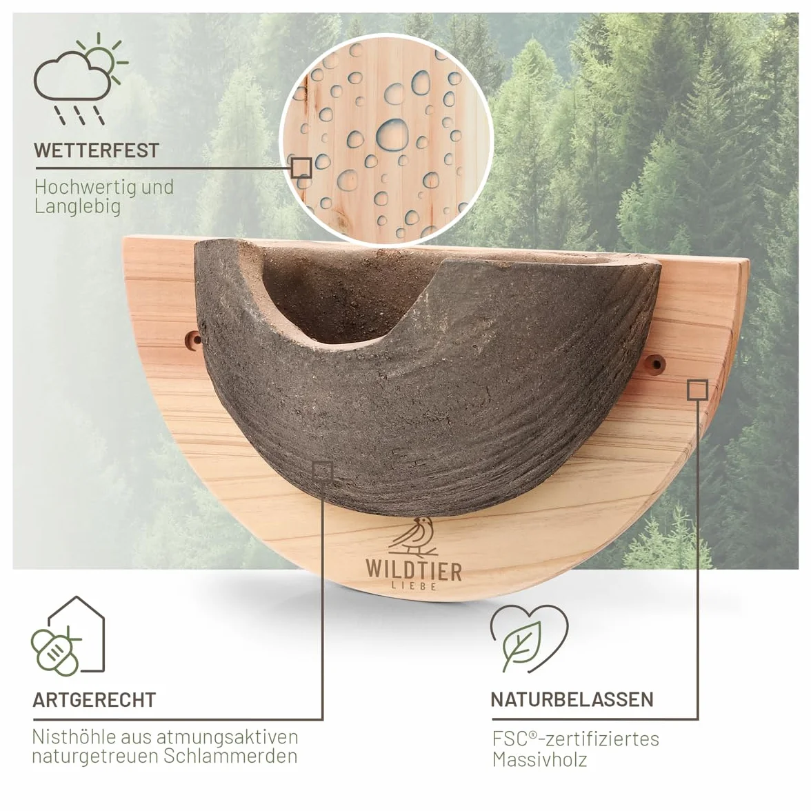 Nido per rondini in legno massiccio e argilla naturale wildtier liebe - resistente agli agenti atmosferici