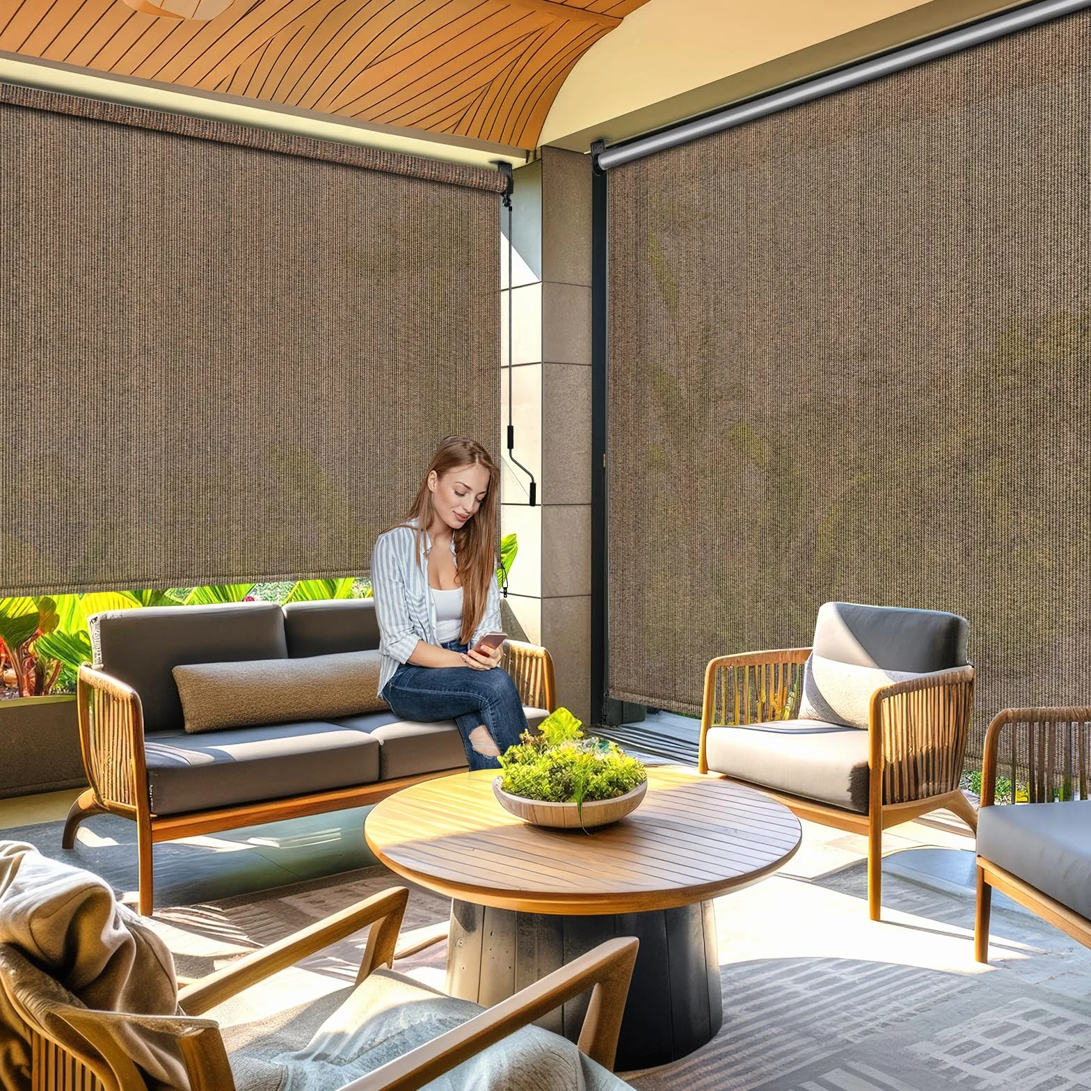 LIFERUN Tenda da sole verticale 300 x 240 cm HDPE per terrazza balcone giardino alluminio manovella marrone