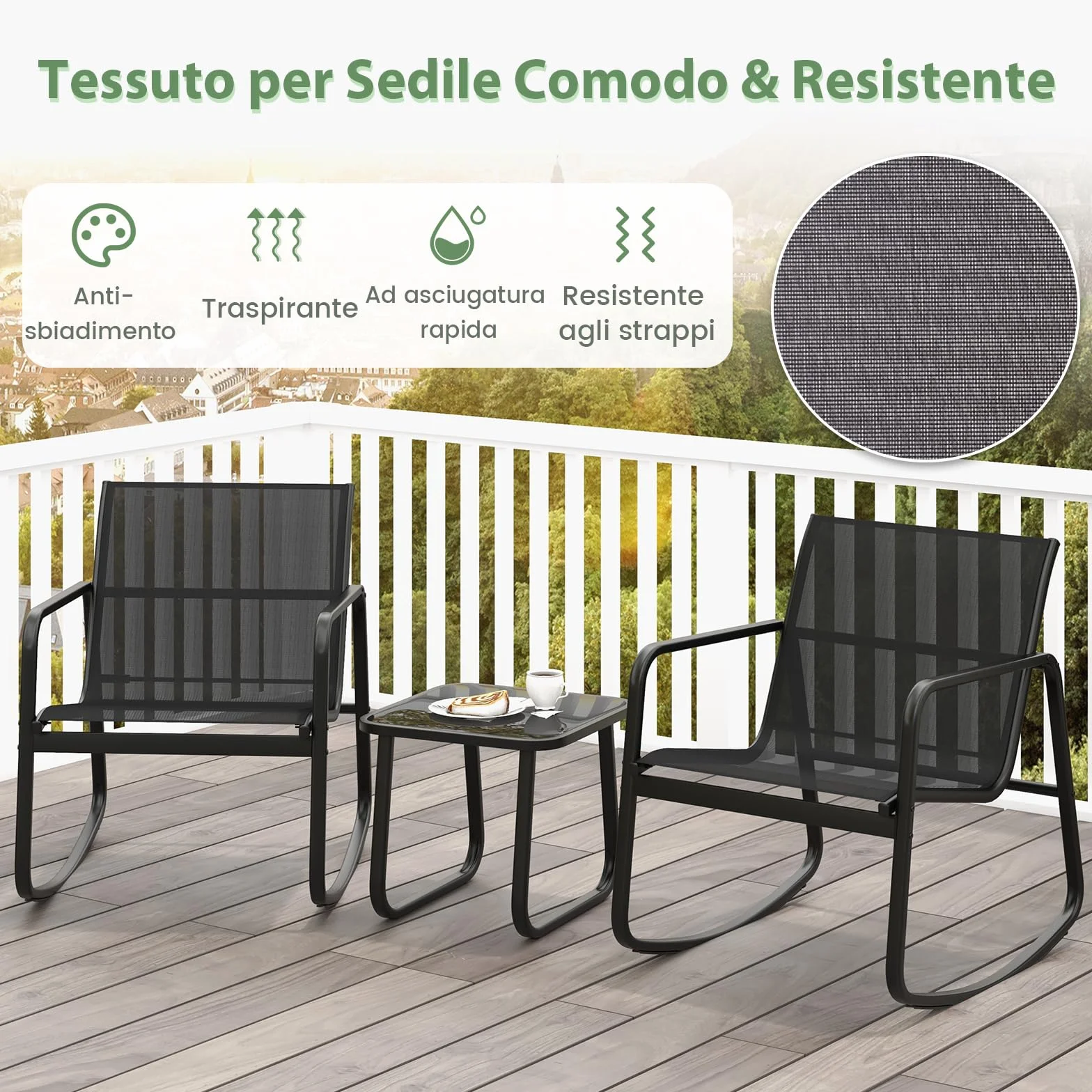 COSTWAY Set Bistrò 3 Pezzi, Sedie a Dondolo Ergonomiche Textilene, Tavolino Vetro Temperato, Struttura Metallo, Nero