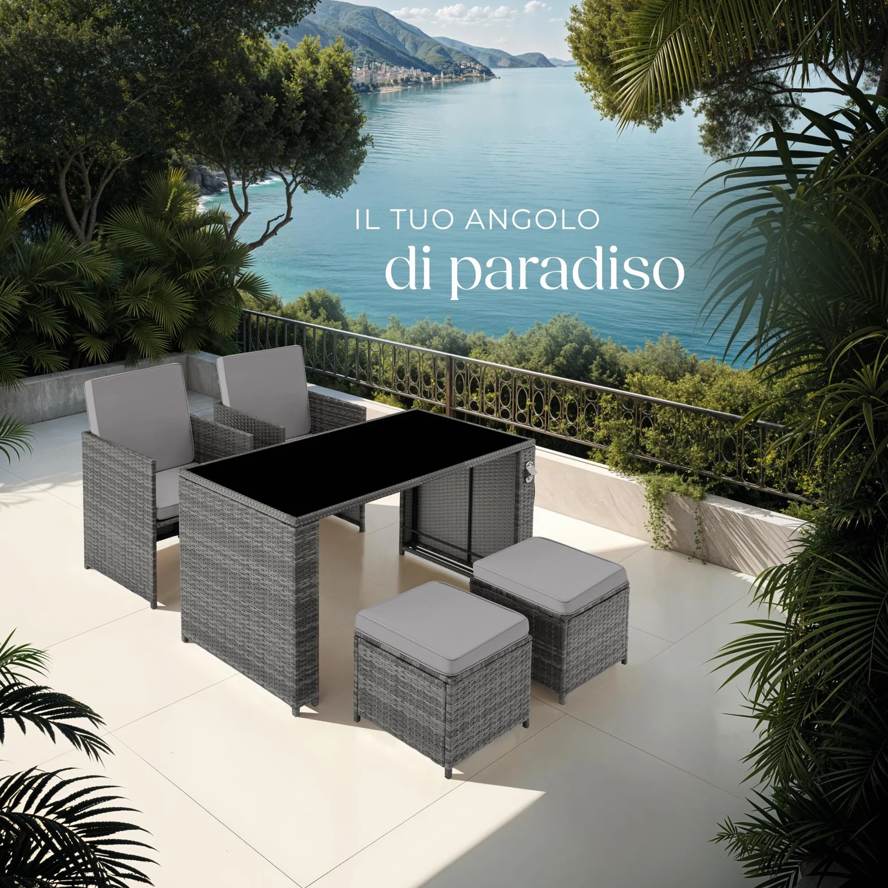 Tectake Salottino Rattan Palermo Set Sedie Cuscini Tavolino Vetro Grigio