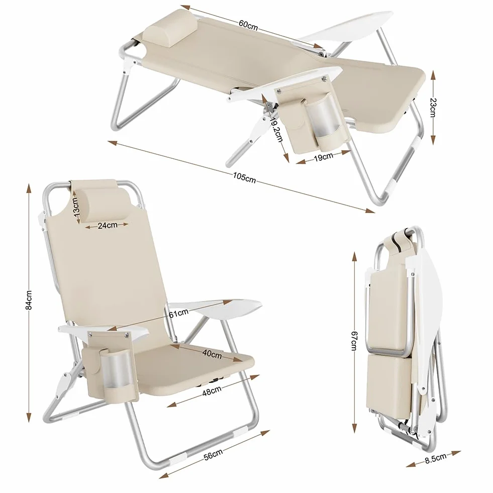 BAKAJI Sedia Pieghevole da Spiaggia in Alluminio con Tasca e Borsa Termica (Beige)