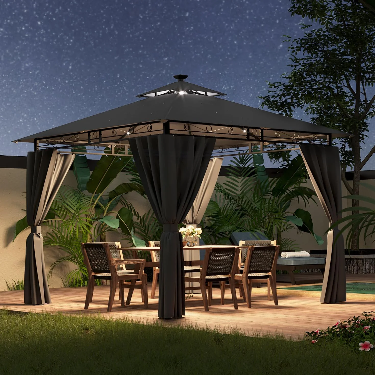 Devoko Gazebo 3x3m con Luce LED Impermeabile UV50+ Doppio Tetto Tenda da Giardino per Famiglie Grigio