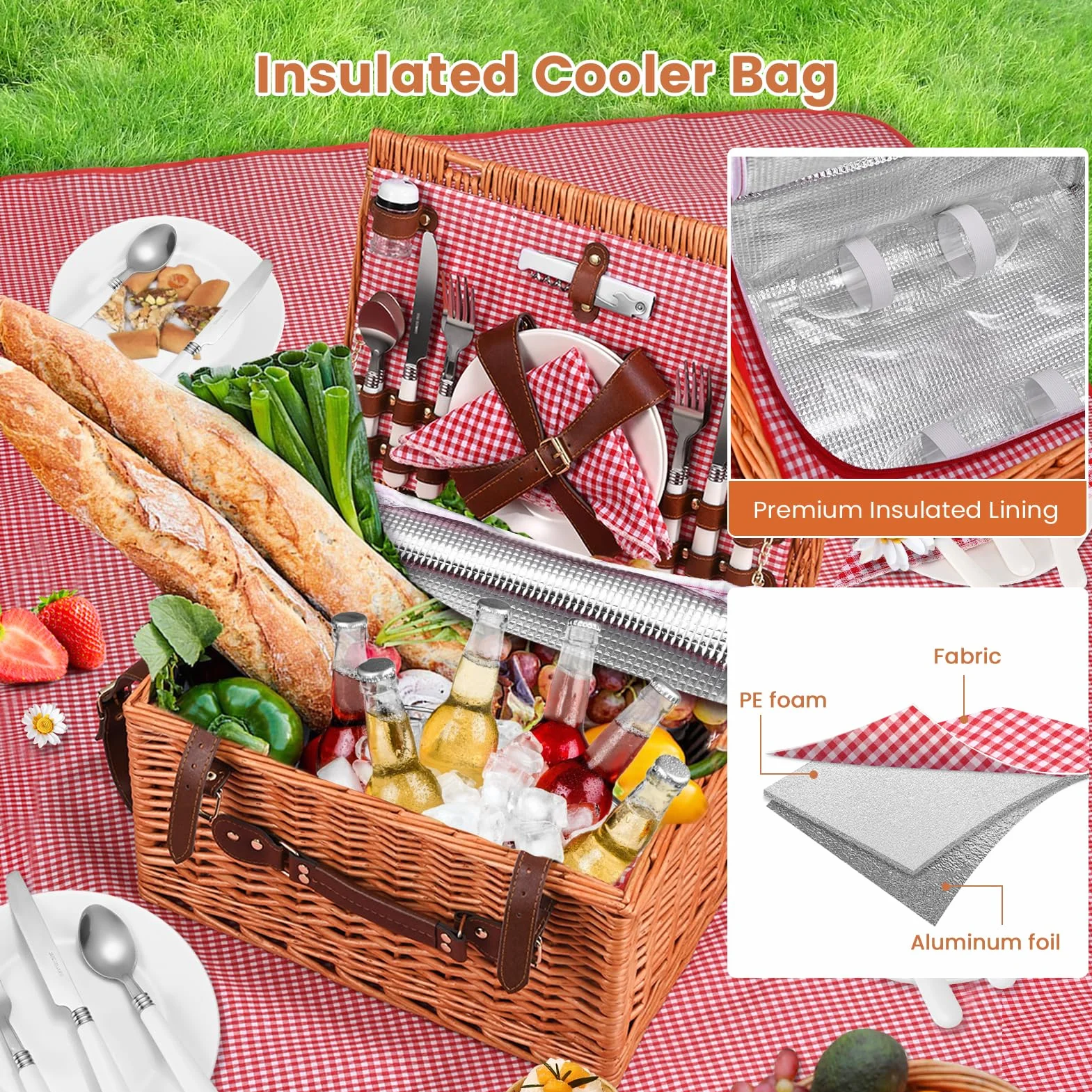 Cestino da Picnic in Vimini per 4 Persone, Termico, Impermeabile, Rosso
