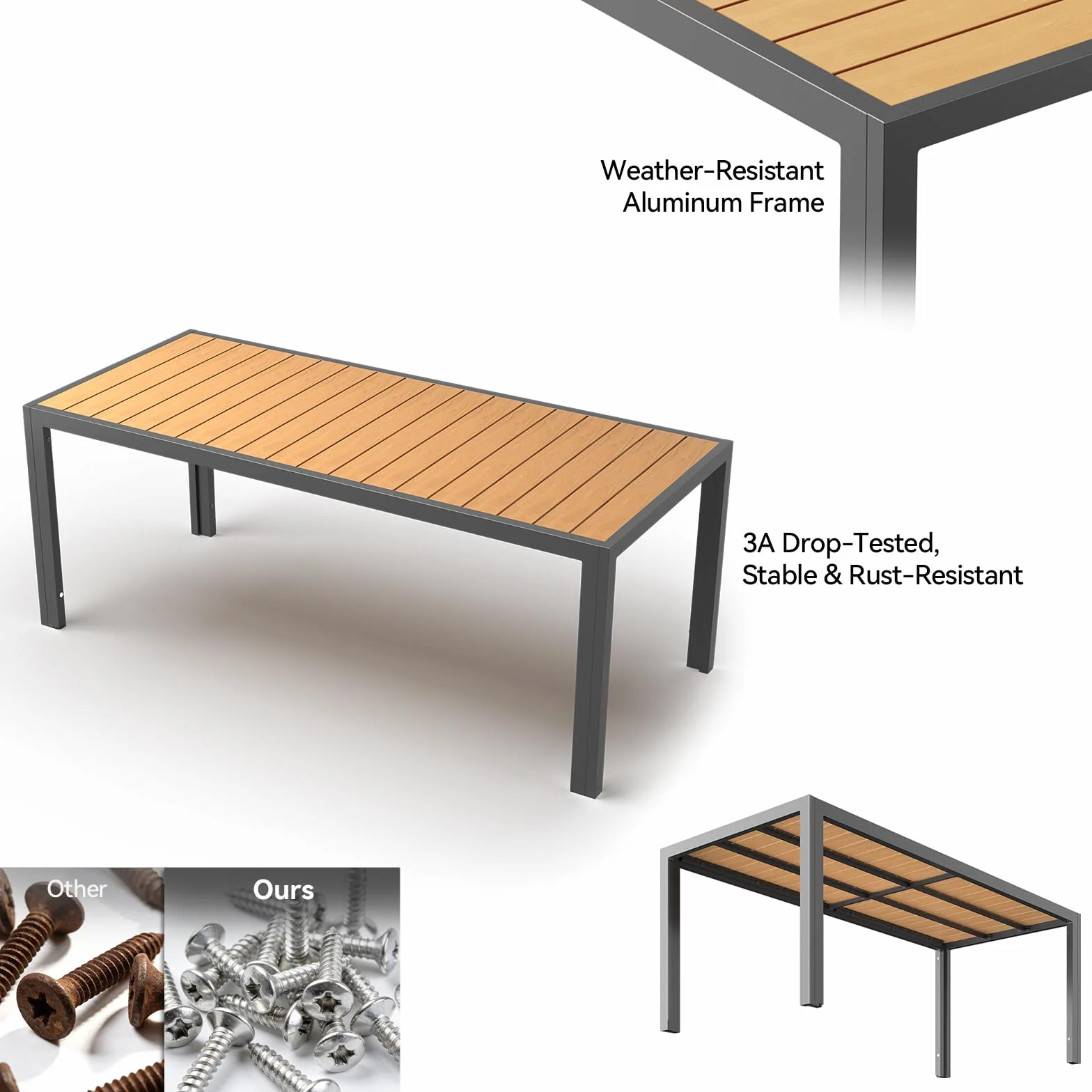 JUMMICO Tavolo da Giardino HDPS 189 x 80 x 74 cm Tavolino da Esterno Finitura a Vena di Legno