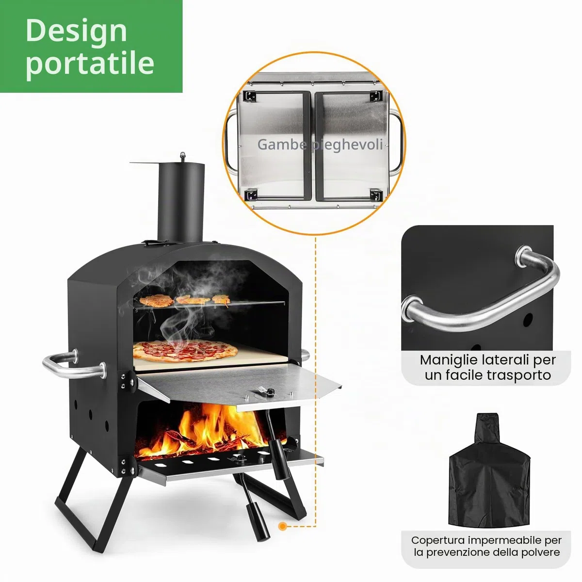 KOMFOTTEU Forno per pizza aperto per esterni 600°C, Acciaio inossidabile portatile 2 sezioni