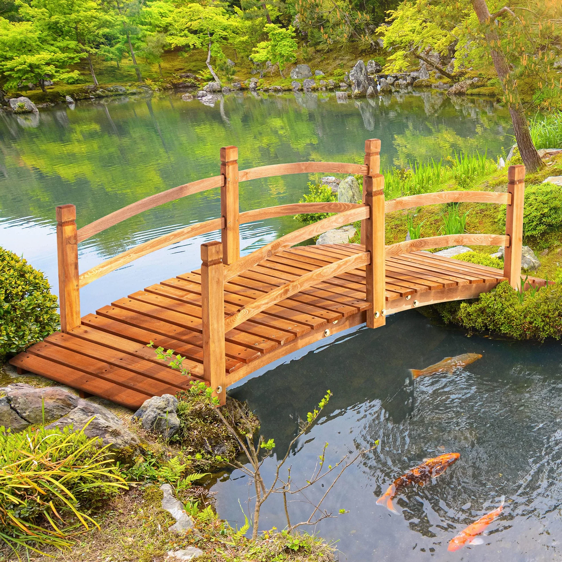 Outsunny Ponte ad Arco in Legno 185x72x58 cm con corrimano Ponte da Giardino per la Decorazione del Patio Carico 200 kg Naturale