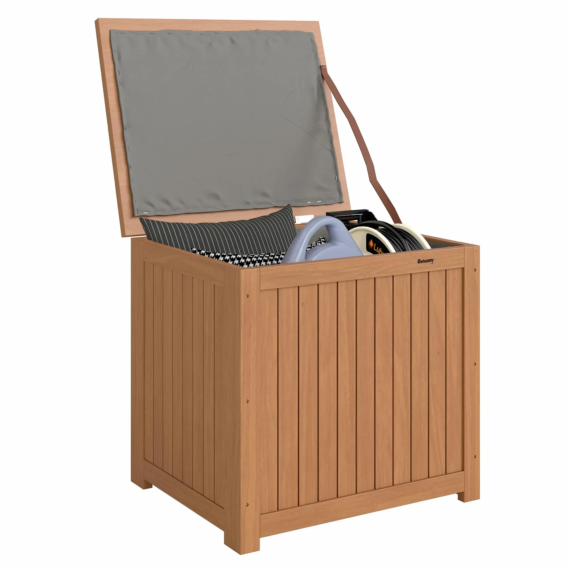 Outsunny Baule da Esterno 130L Legno Coperchio Cerniera, Contenitore Giardino Protezione UV, 63x51x58.5 cm, Marrone