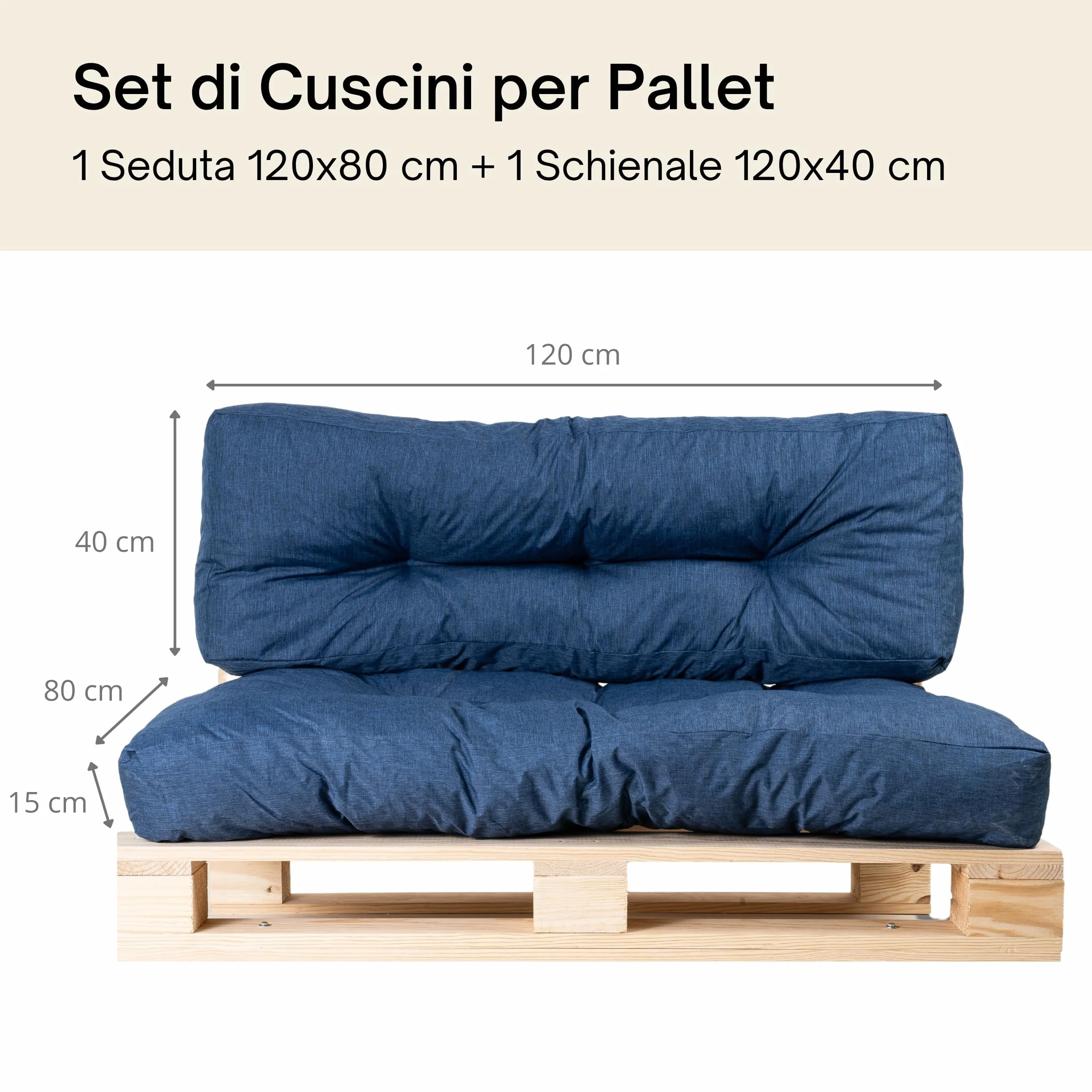 bananair - Cuscini per Pallet - Tessuto Idrorepellente e Anti-UV - Molto Confortevole, Imbottito in Schiuma - Cuscini per Divano Esterno Giardino (Seduta 120x80 cm + Schienale 120x40 cm, Blu)