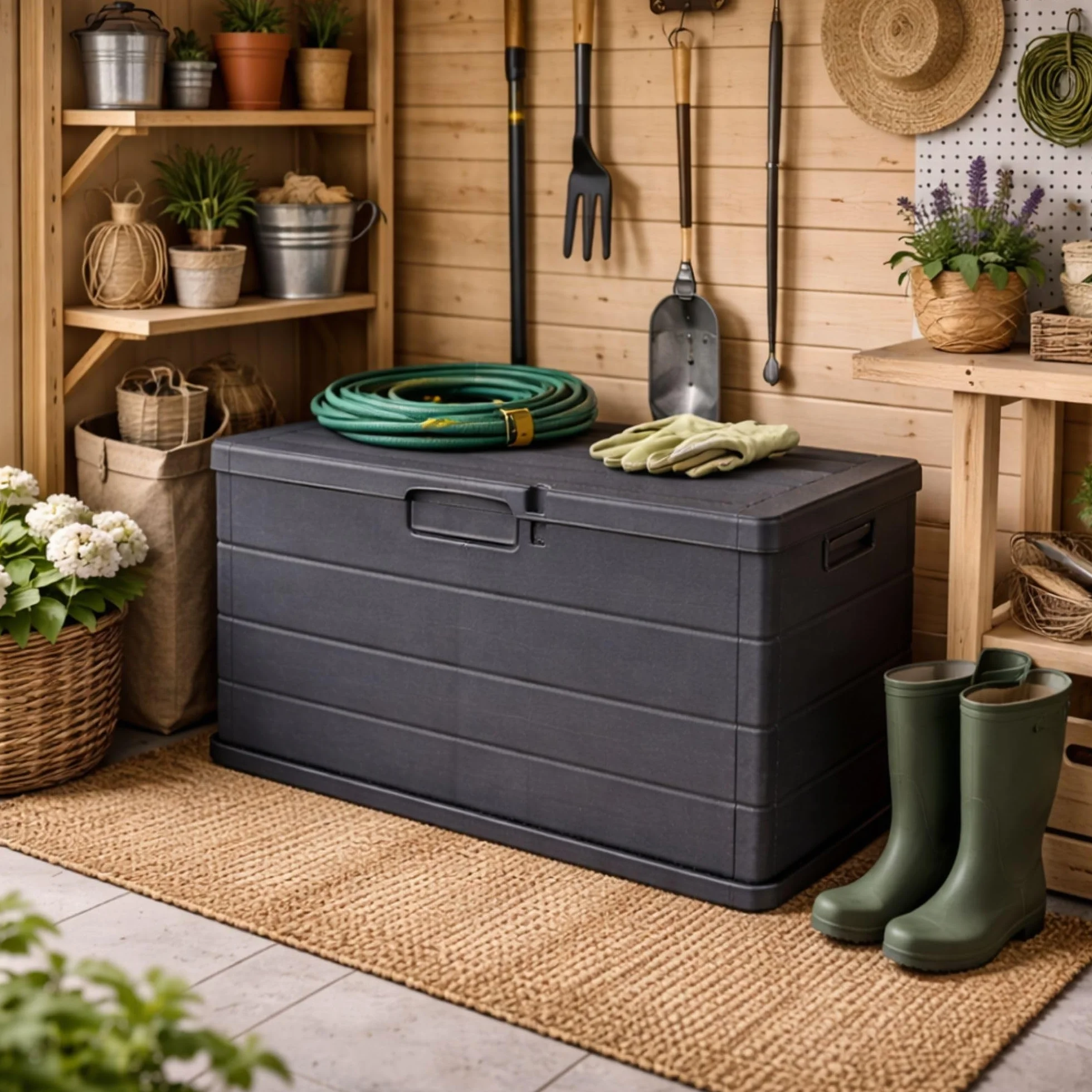 Maury's Baule Cassapanca 170 Litri Effetto Legno, Contenitore Stoccaggio in Resina Antracite 78x55x52 cm