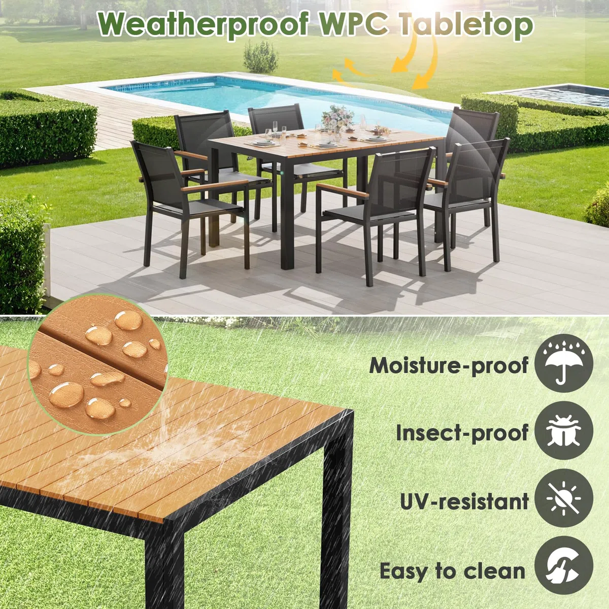 LIFERUN Tavolo da giardino grande, resistente alle intemperie, 140 x 90 x 75 cm, in alluminio, con piano in WPC, tavolo da pranzo rettangolare, per 6 persone, robusto giardino, terrazza, balcone
