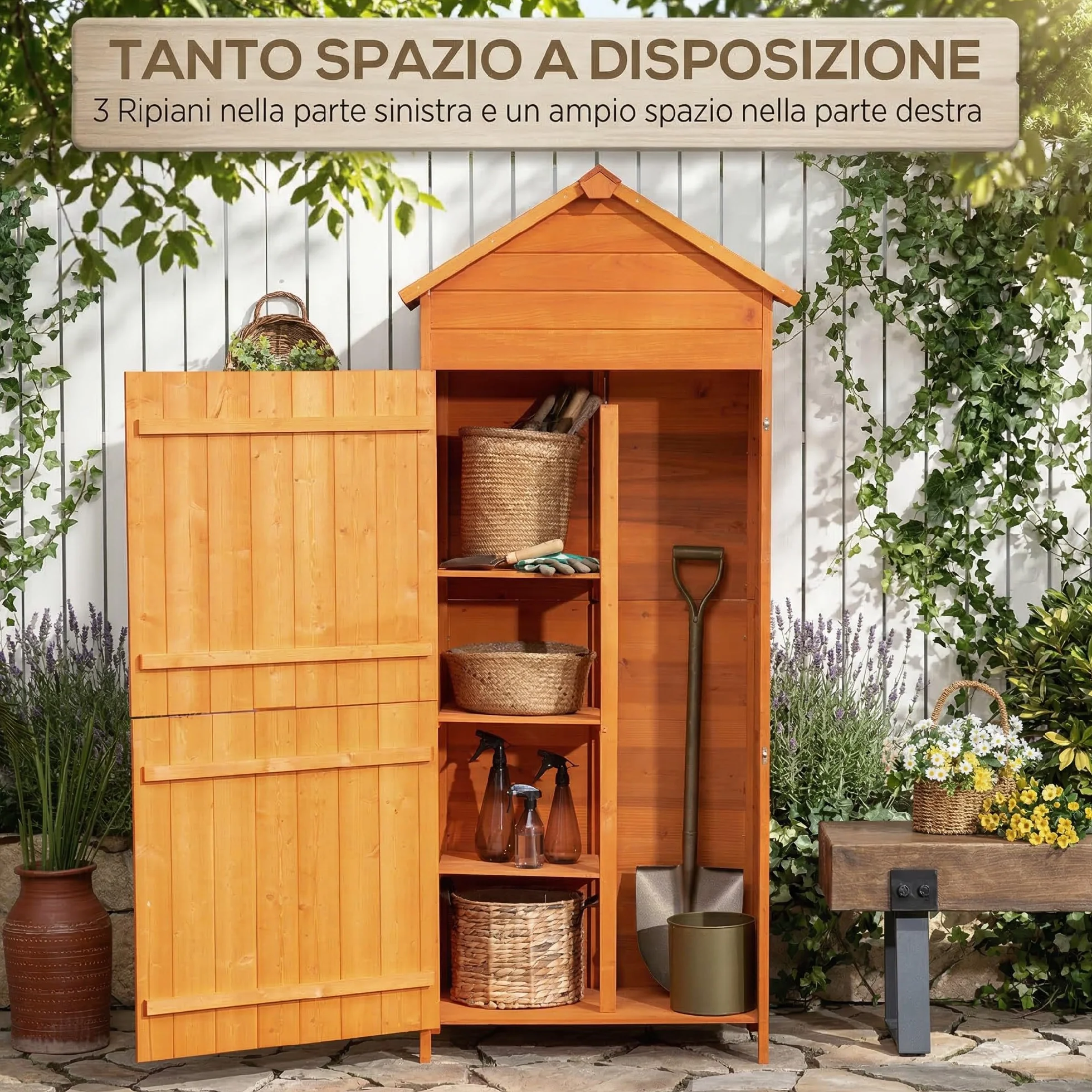 Outsunny Casetta da Giardino in Legno 2 Ante Armadio da Esterno 3 Ripiani 84x52x188cm