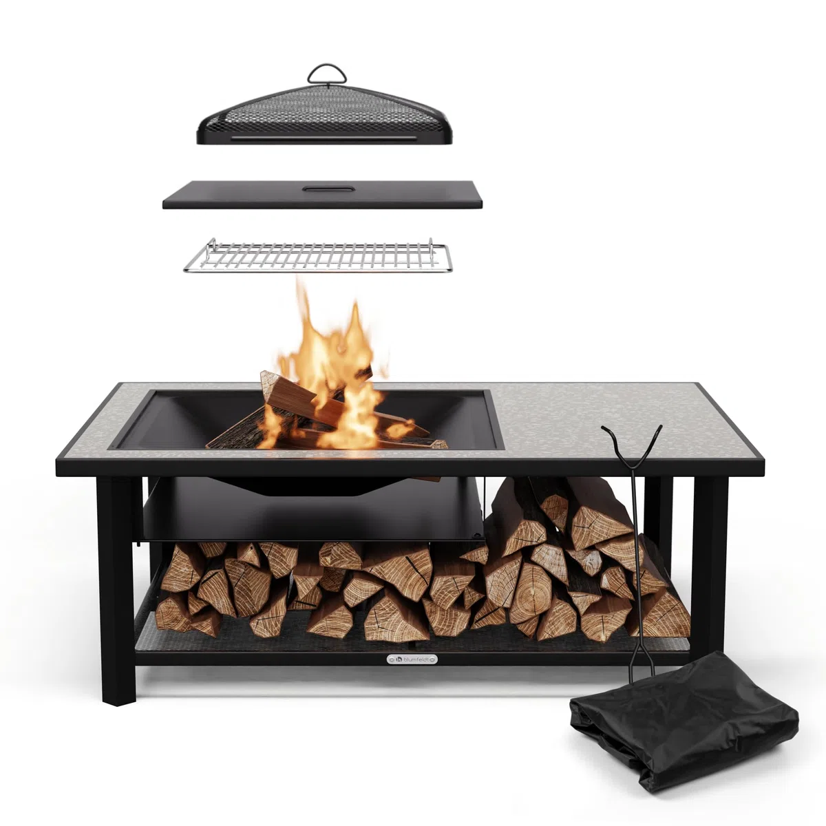blumfeldt Merano Avanzato L Braciere da Giardino - 3-in-1 Braciere Barbecue & Tavolo, Telaio in Acciaio, Piano in Terrazzo, Include Griglia, Attizzatoio, Parascintille & Coperchio, Nero