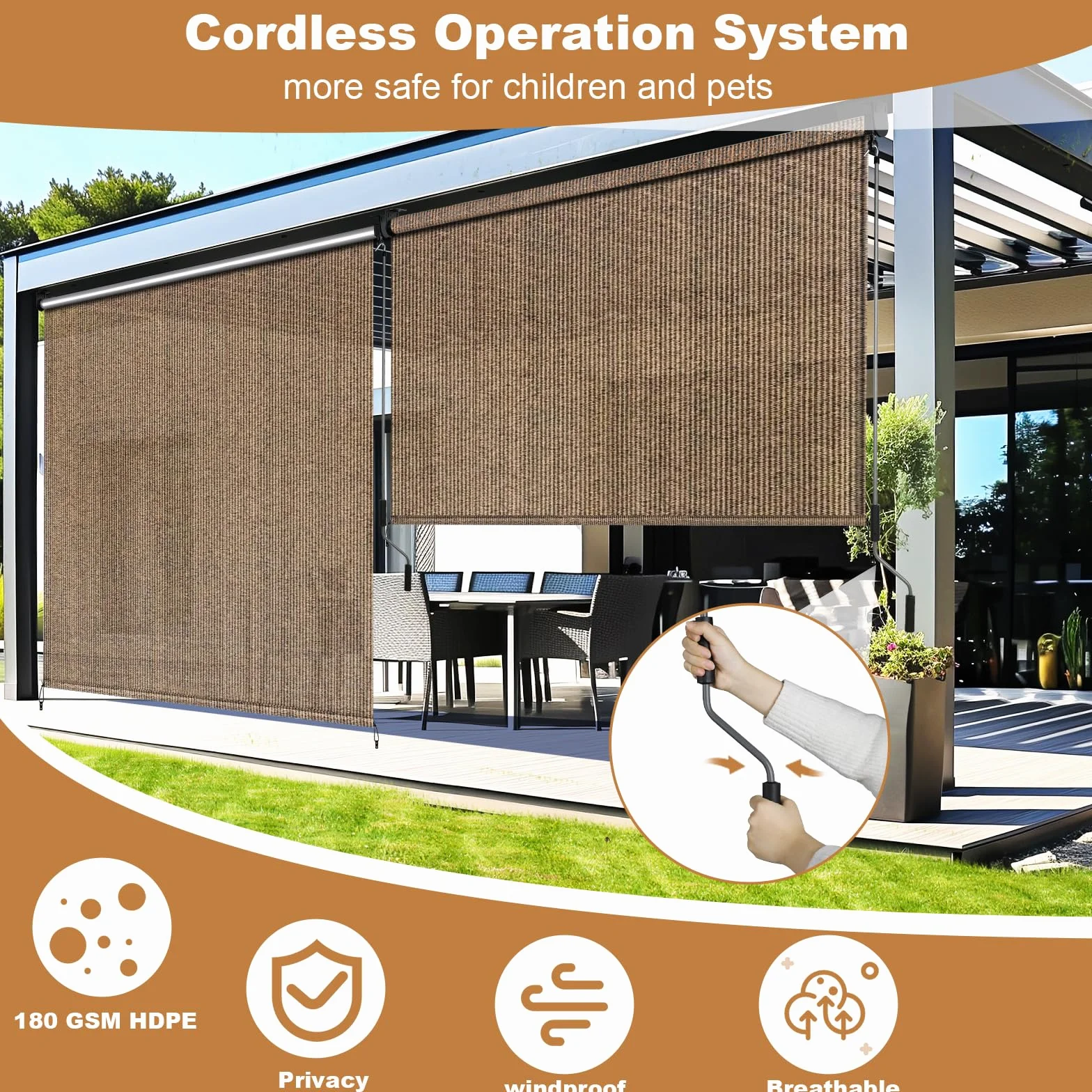 LIFERUN Tenda da sole verticale 300 x 240 cm HDPE per terrazza balcone giardino alluminio manovella marrone
