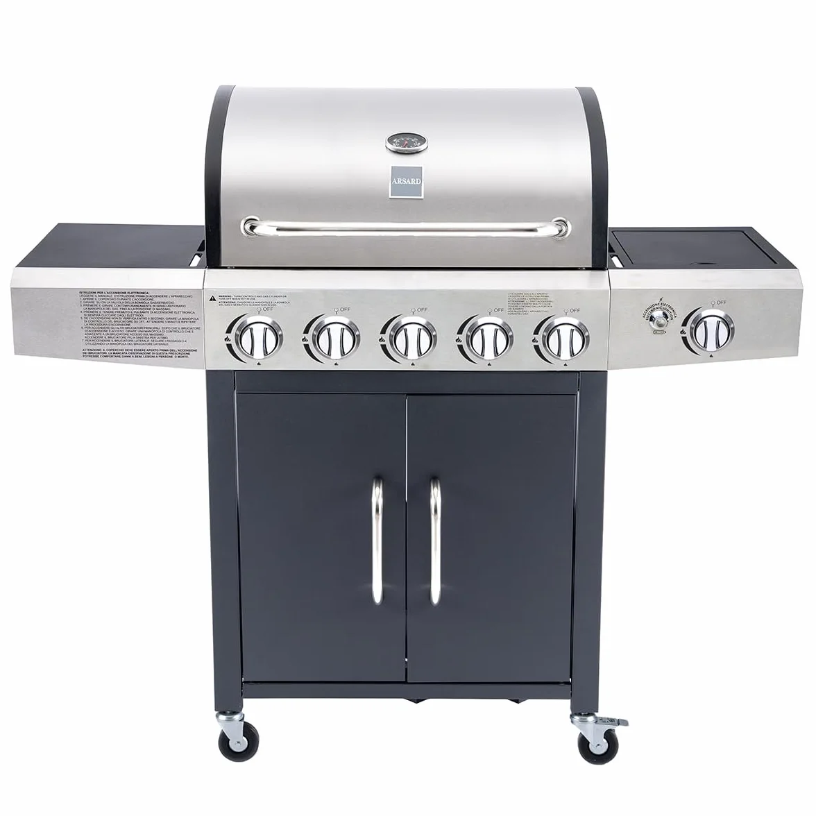Arsard Barbecue a Gas Professionale XXL 6 Fuochi 19 KW con Bruciatore Laterale Griglia Ghisa Acciaio Inox