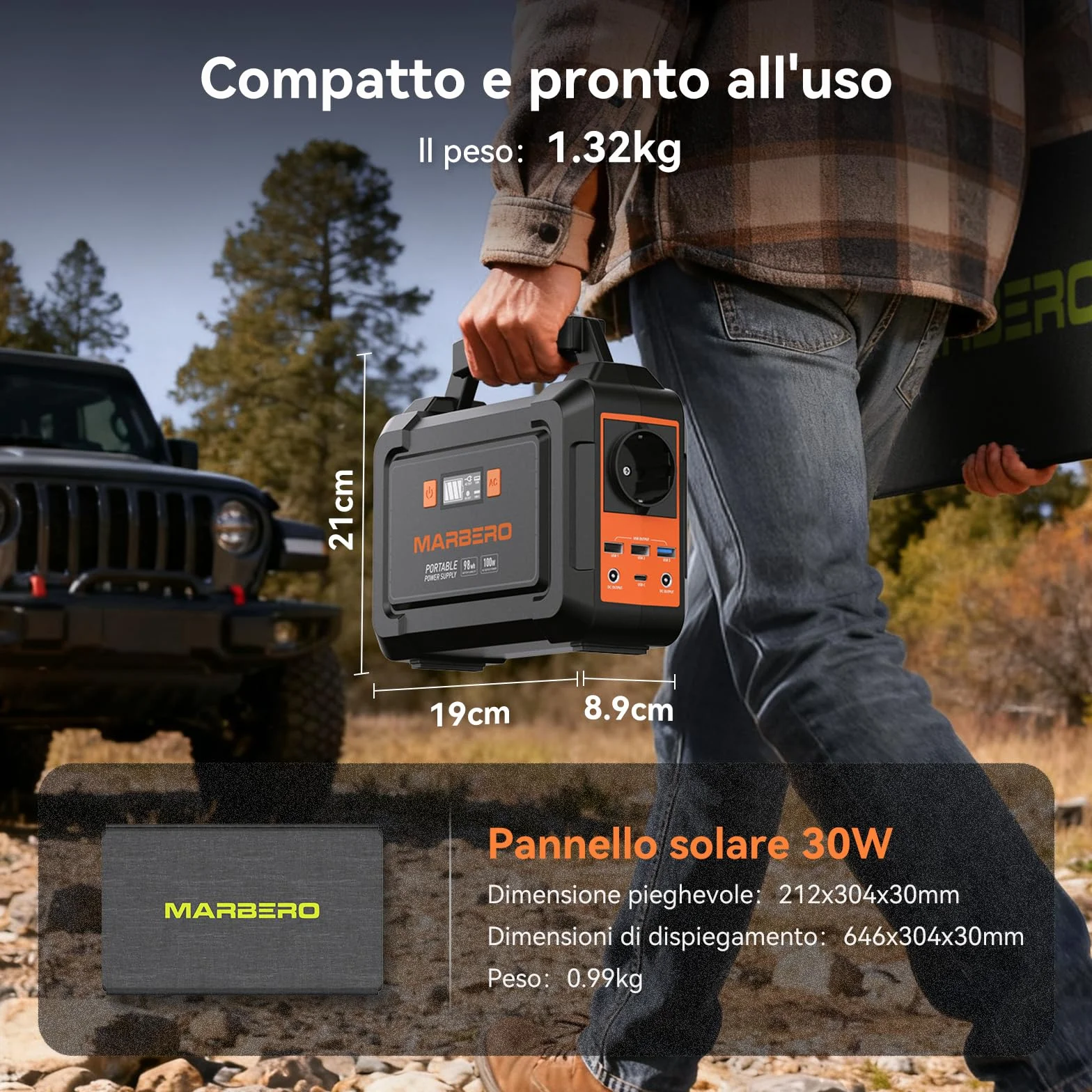 MARBERO Centrale Elettrica Portatile 26,400mAh con Pannello Solare Pieghevole da 30W Power Station 150W con Uscite DC per Strada, Avventura, Campeggio, Casa, Interruzione di Corrente