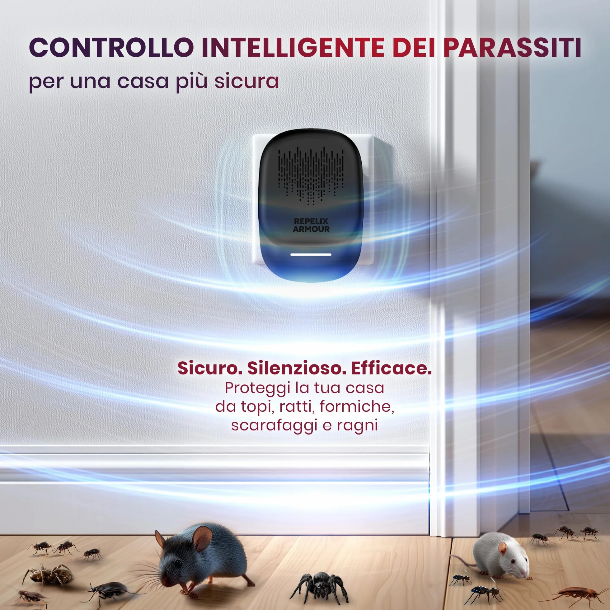 Repellente ultrasonico per parassiti da interno 140m² 3 modalità Confezione da 2
