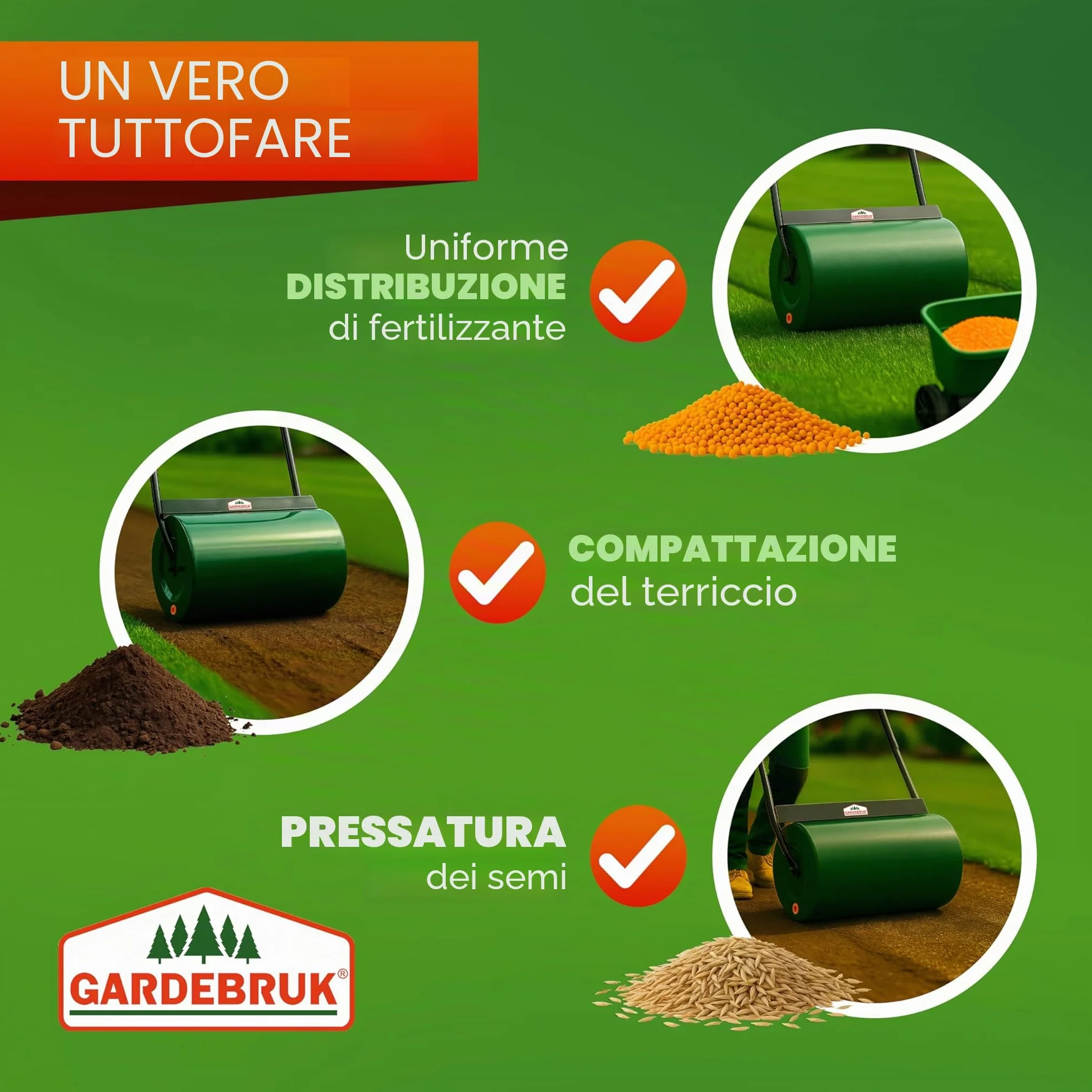 Gardebruk Rullo da Giardino 60 cm Ø32 Capacità 50 L Apertura Laterale Livellare Prato