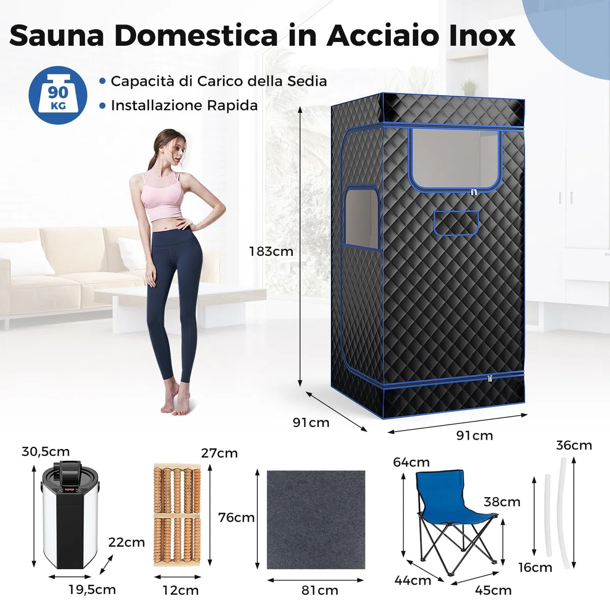 COSTWAY Cabina Sauna a Vapore 3L, Sauna da Casa con Massaggiatore per Piedi, 9 Livelli Temperatura, Timer 90 Minuti, Sedia Pieghevole, Tappetino, Nero