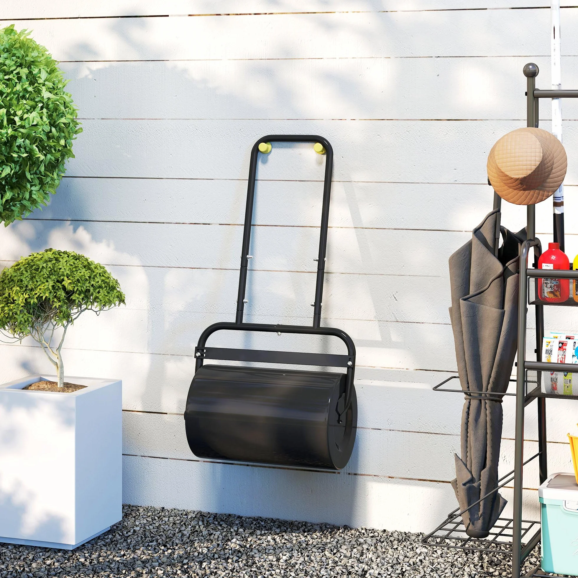 Outsunny Rullo da Giardino Φ32x50cm in Metallo Impermeabile Nero, Serbatoio Fino 38 Litri (Acqua o Sabbia)