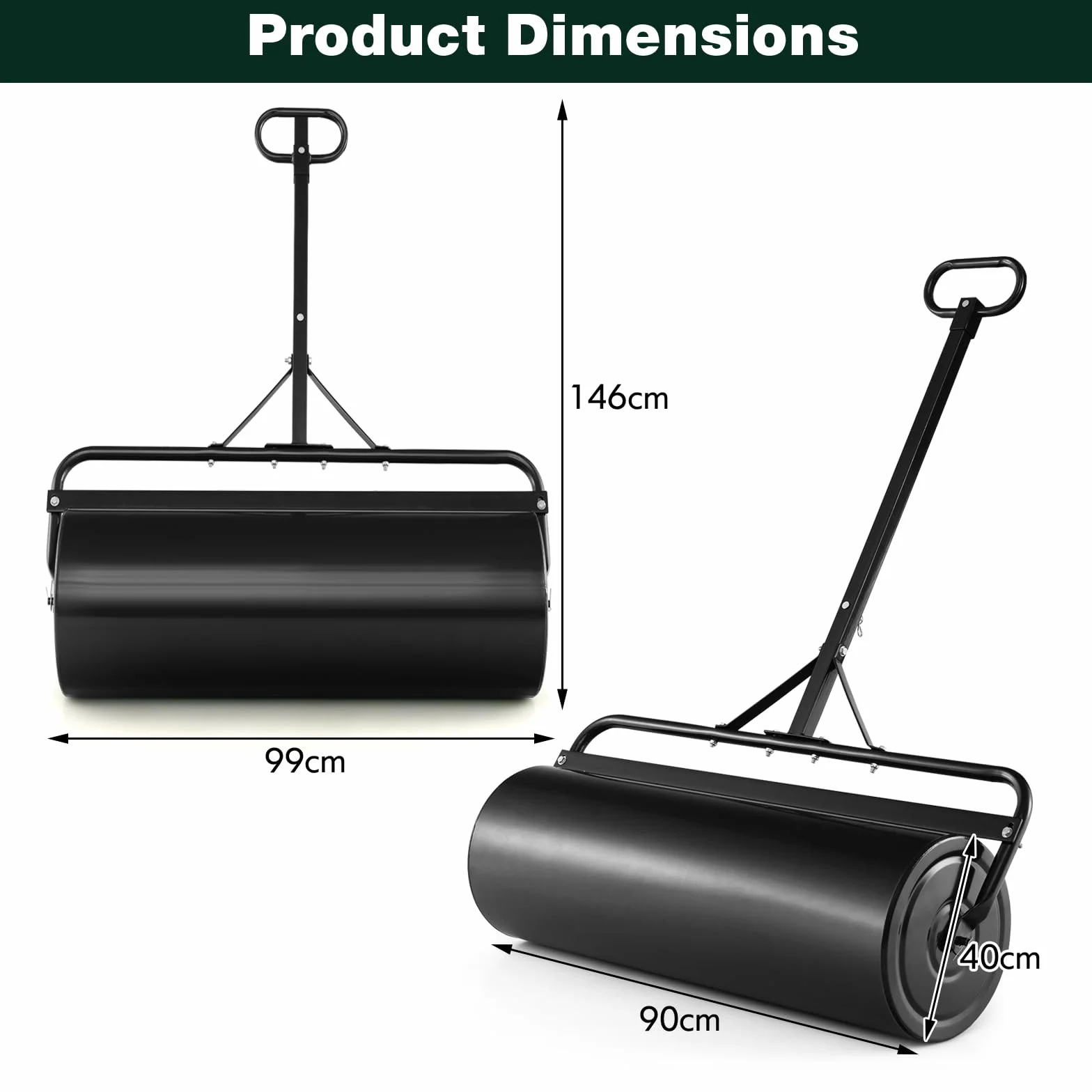 SOARS Rullo da Giardino Ø40 cm e 90 di Larghezza, Rullo da Prato in Metallo Manuale e per Trattorino, Rullo con Raschiatore Antisporco e Riempibile con Acqua/Sabbia (Nero, 113L)
