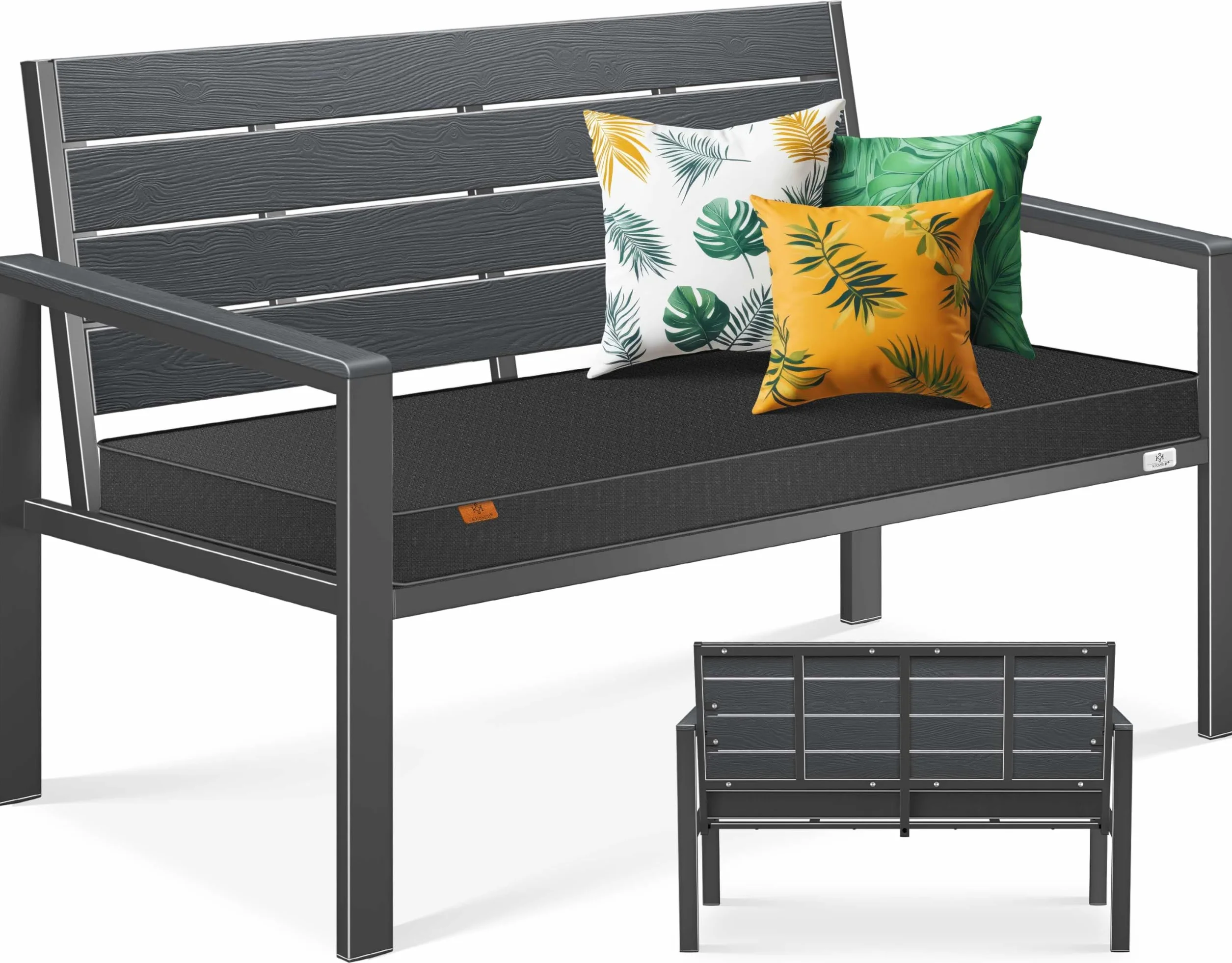 KESSER® Panca da giardino con cuscino, resistente alle intemperie, 2 posti, effetto legno, per balcone, terrazza, balcone, portata fino a 300 kg, resistente ai raggi UV, con rivestimento imbottito