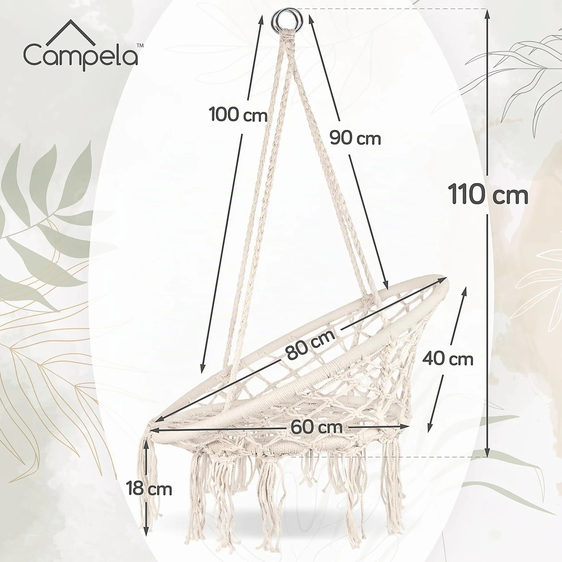 Poltrona sospesa boho ecru – Sedia amaca robusta 150 kg – Corde cotone/poliestere e telaio in acciaio zincato