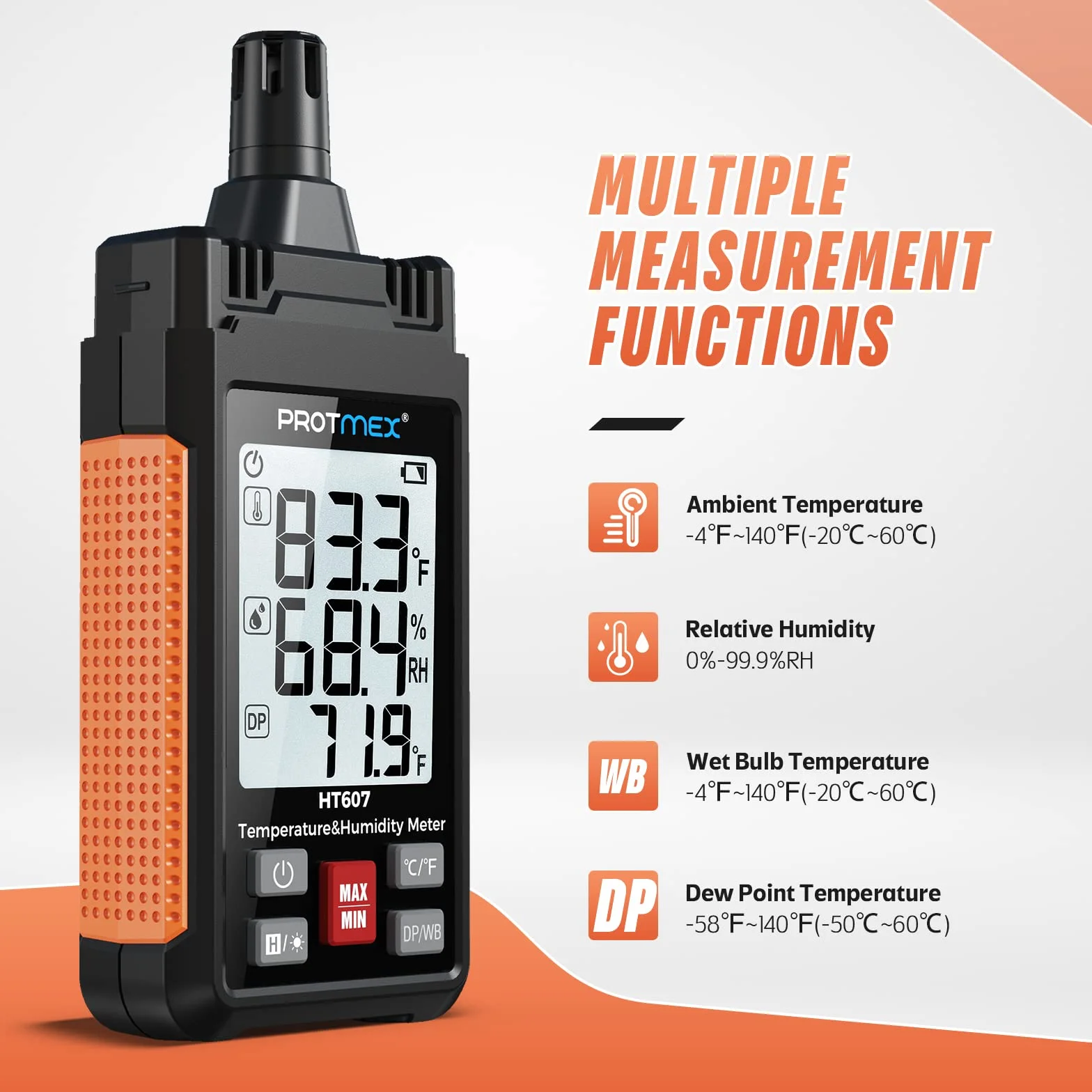 HT607 Misuratore di temperatura e umidità ad alta precisione con retroilluminazione LCD