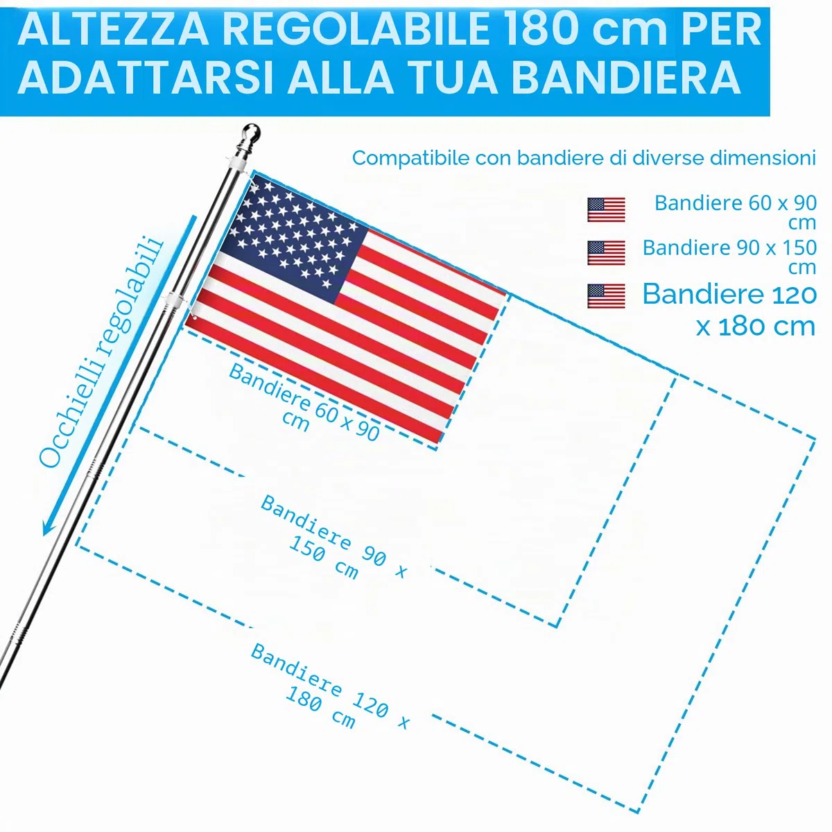 Kit Asta Bandiera Acciaio Inossidabile 180 cm con Staffa, Argento