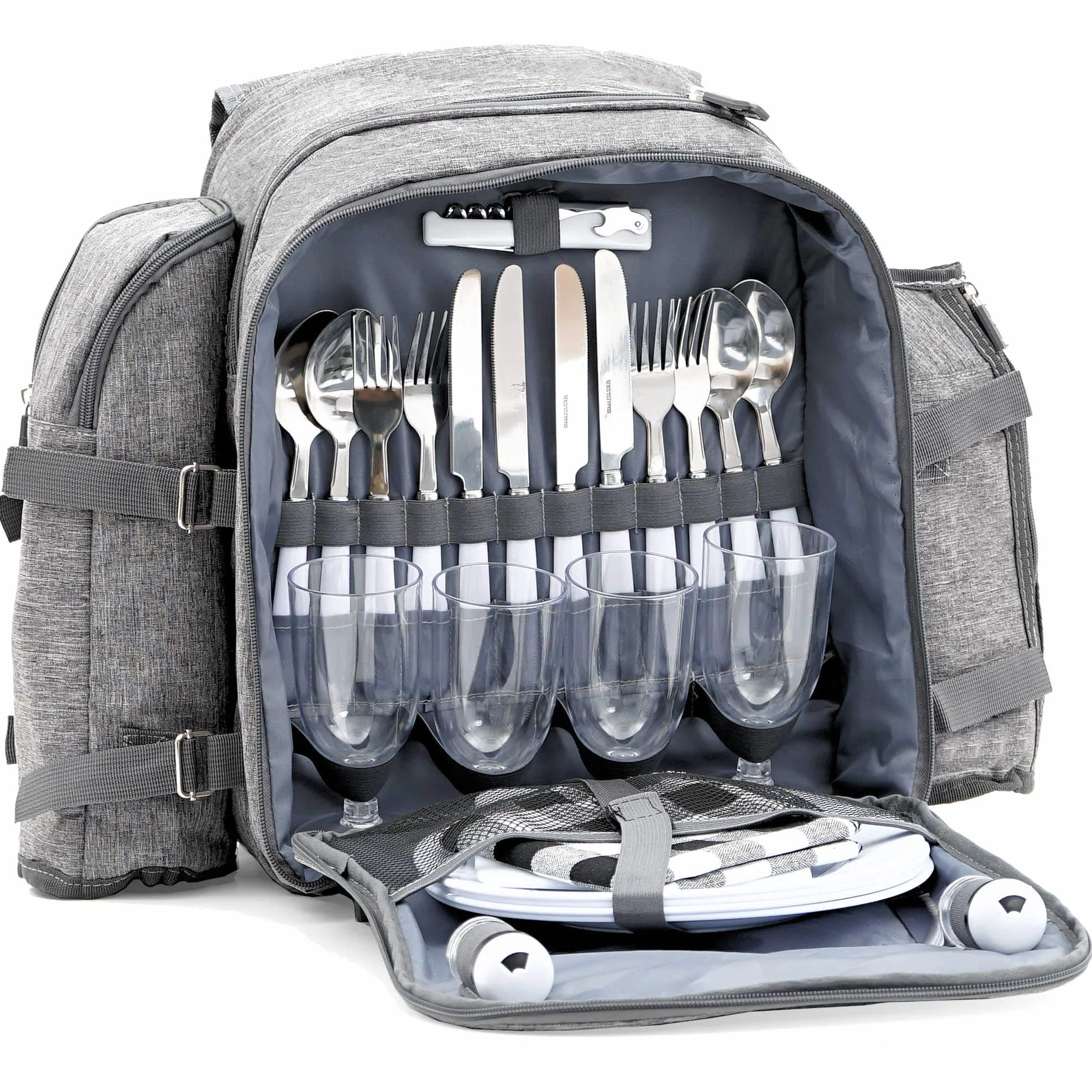 CampFeuer Zaino da Picnic per 4 persone | Set per picnic da 32 pezzi | grigio | con supporto per bottiglie, coperta da picnic, grande scomparto termico, stoviglie e posate