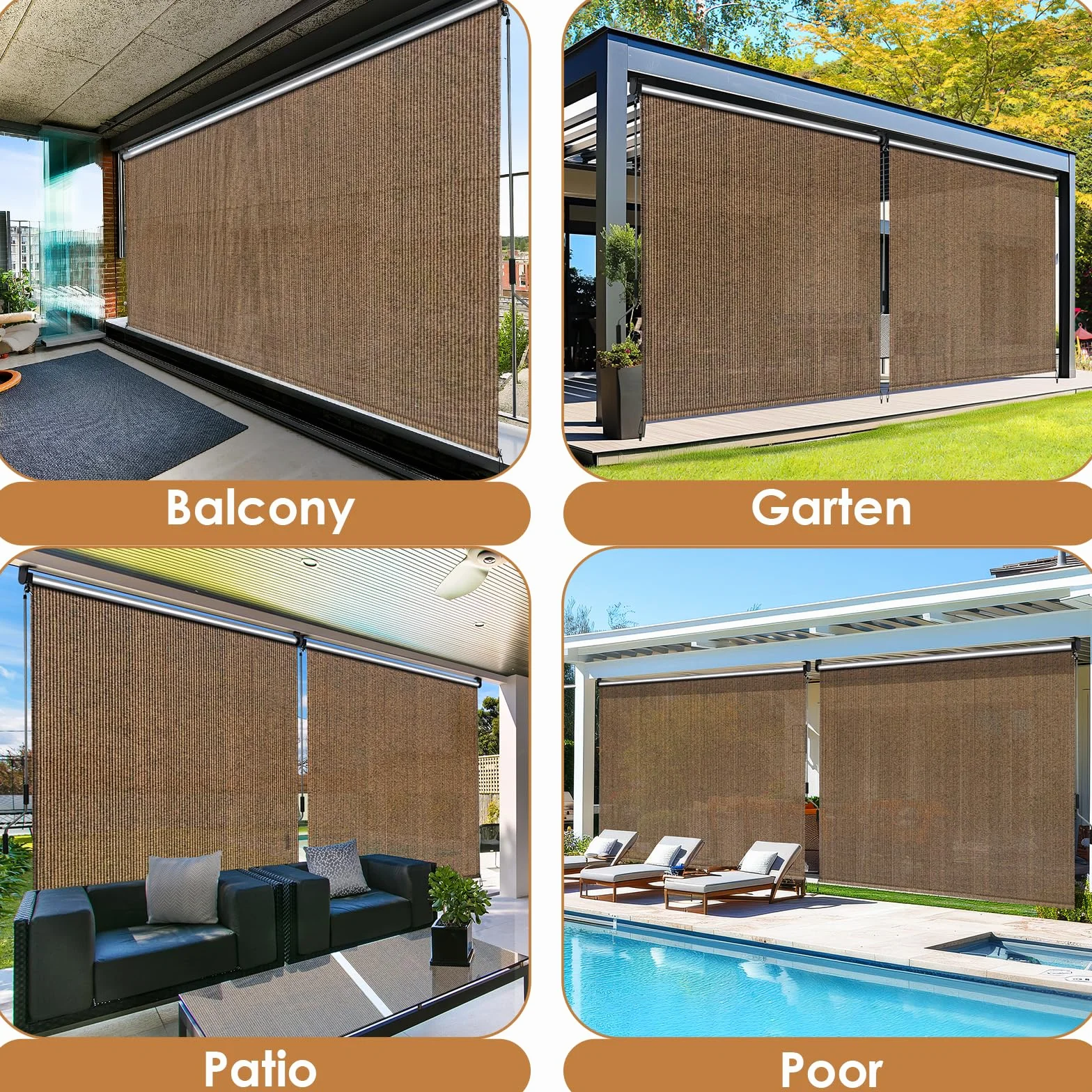 LIFERUN Tenda da sole verticale 300 x 240 cm HDPE per terrazza balcone giardino alluminio manovella marrone