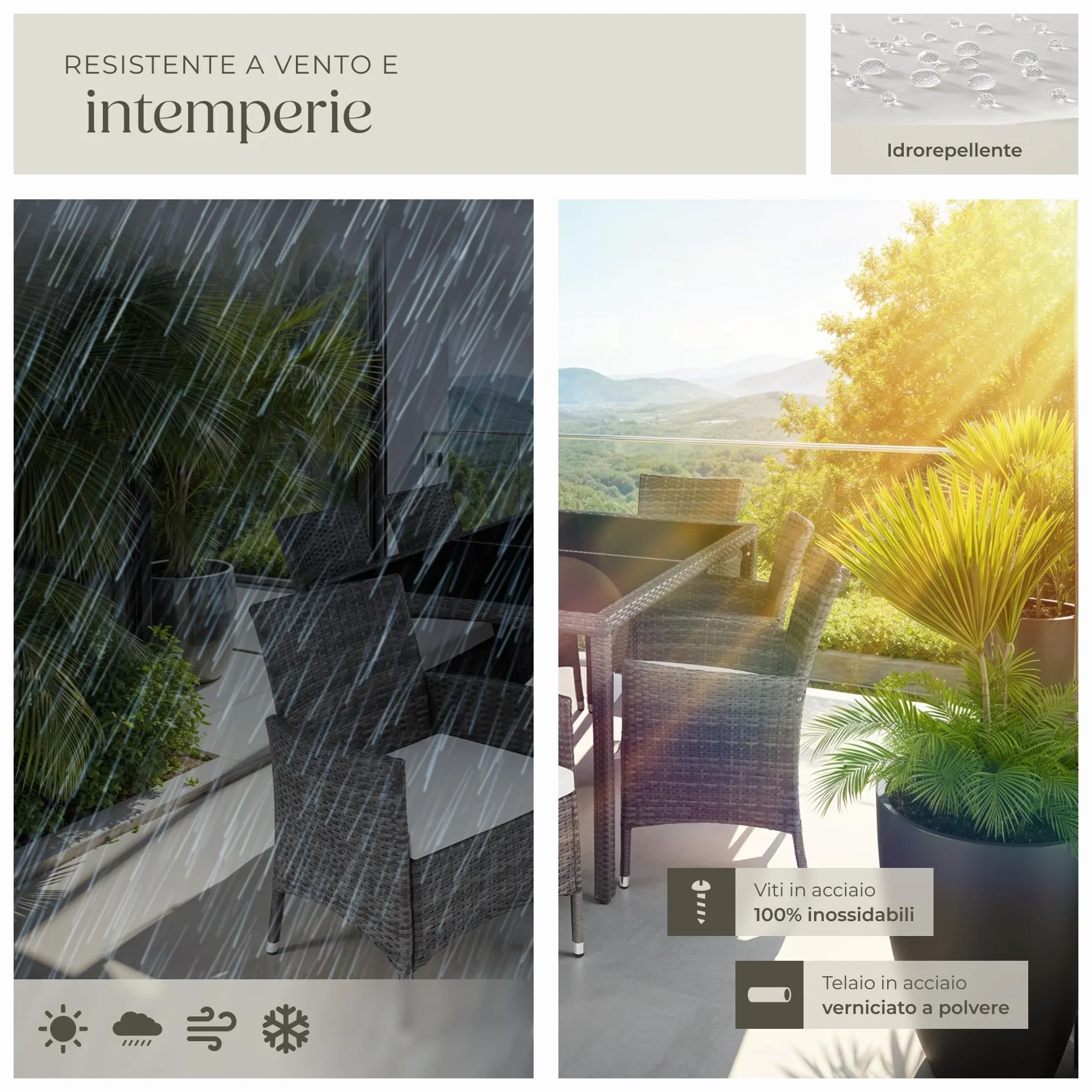 Tectake Set da Giardino Polyrattan 6 Sedie 1 Tavolo Grigio Bianco
