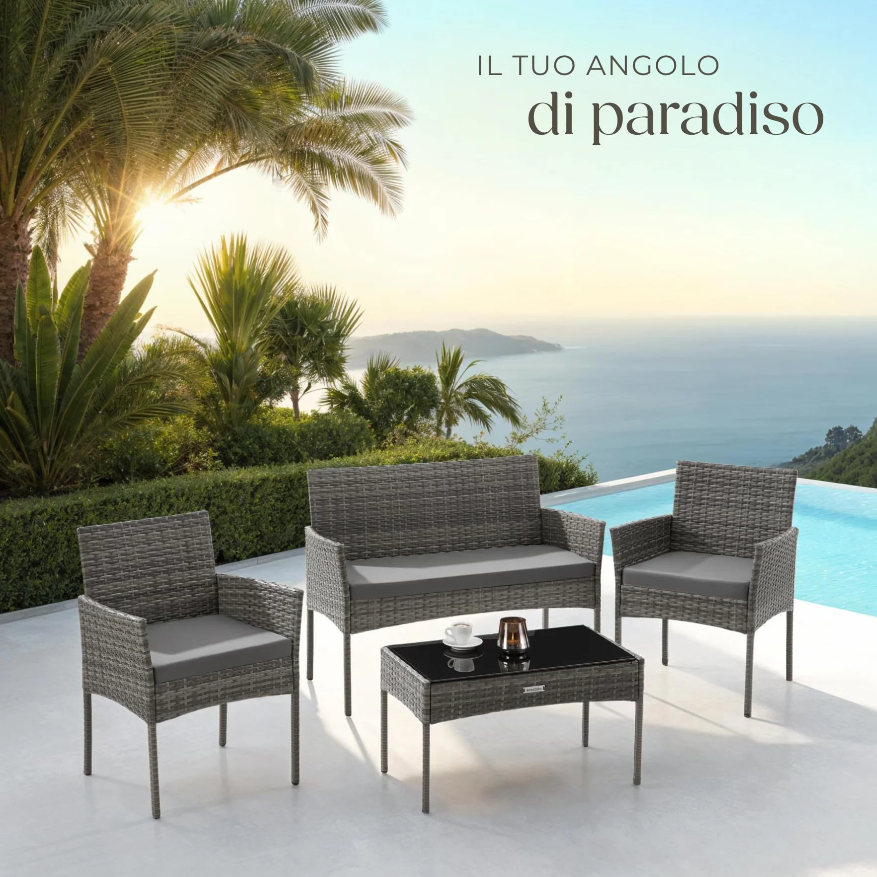 Tectake Set da Giardino in Rattan 4 Posti Polyrattan Resistente Cuscini Idrorepellenti Lavabili Tavolino Vetro di Sicurezza Grigio