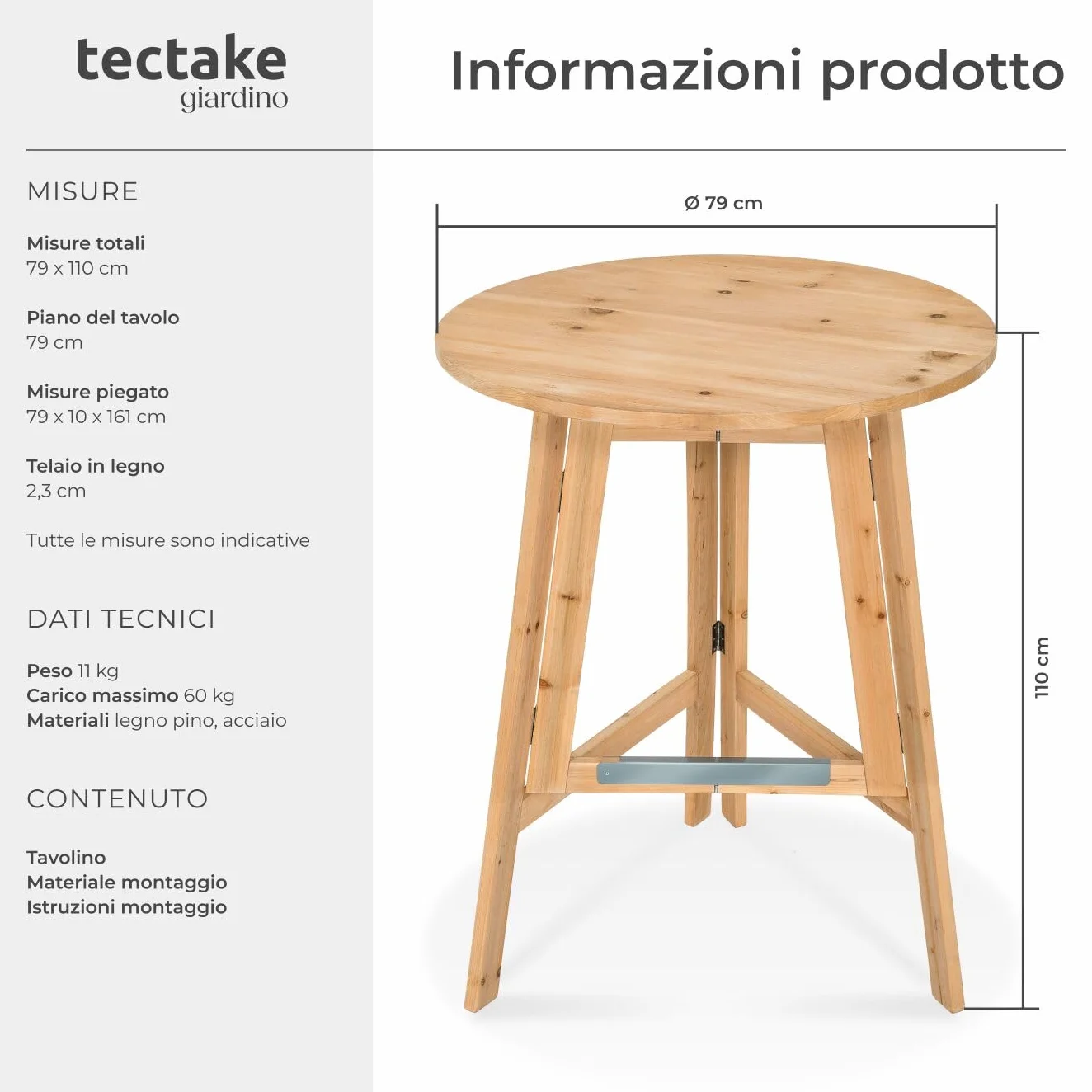 tectake® Tavolo da Bistrot in Legno Massello Rotondo da Giardino, Struttura Robusta, Tavolo Pieghevole, Altezza Ottimale, da esterno, balcone, tavolino da giardino - altezza ca. 110 cm, Ø 79 cm