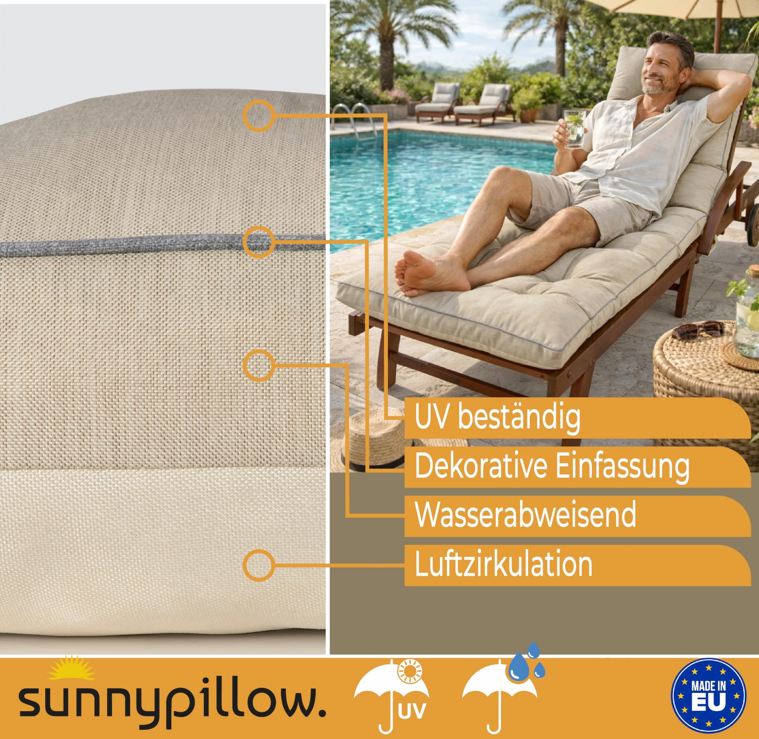 sunnypillow Cuscino per Lettino 200 × 60 – Materassino per Sdraio da Giardino, Spesso 13 cm – Outdoor, Impermeabile, Resistente ai Raggi UV – Cuscino per Lettino Prendisole e Sedia a Sdraio – Cremoso