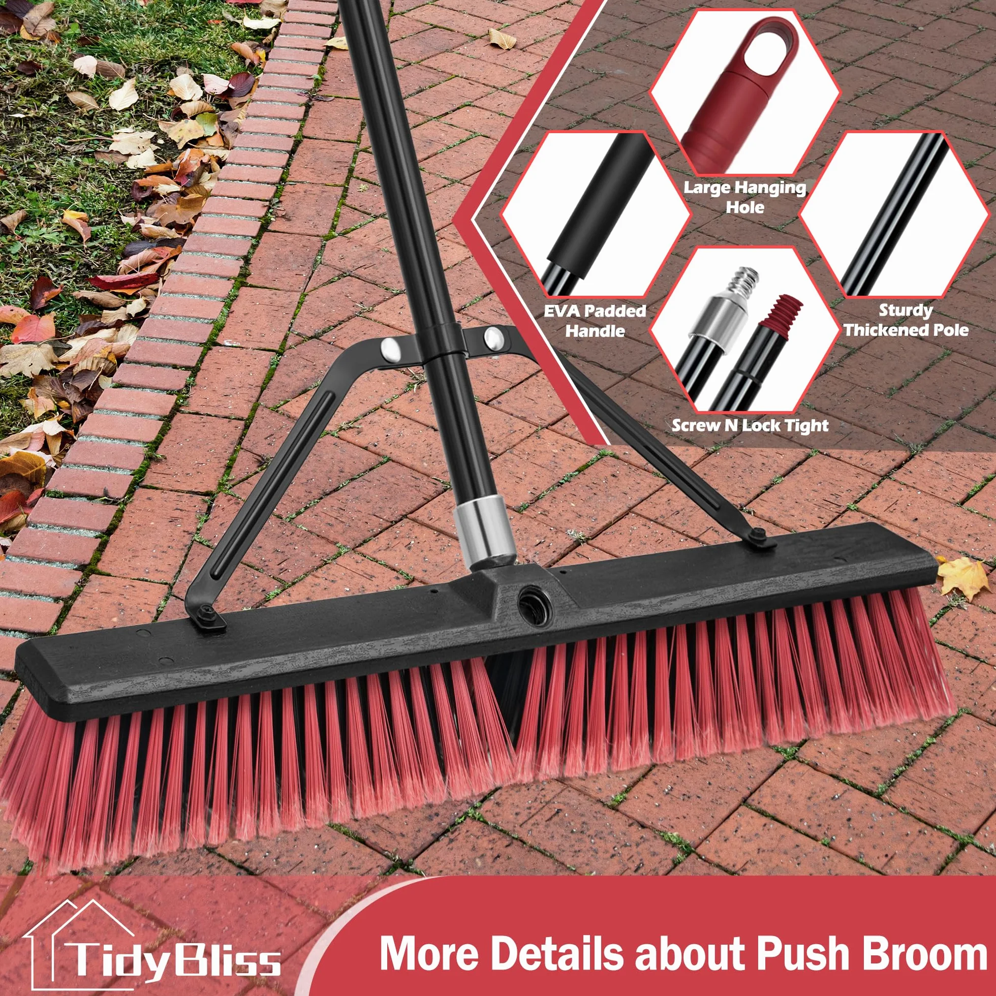 TidyBliss Scopa da Esterno Resistente da 60 cm, Spazzolone per Pavimenti Esterni con Setole Rigide e Manico Lungo 160 cm per Garage, Giardino, Cortile, Terrazza, Strada, Magazzino, Vialetto (Rosso)
