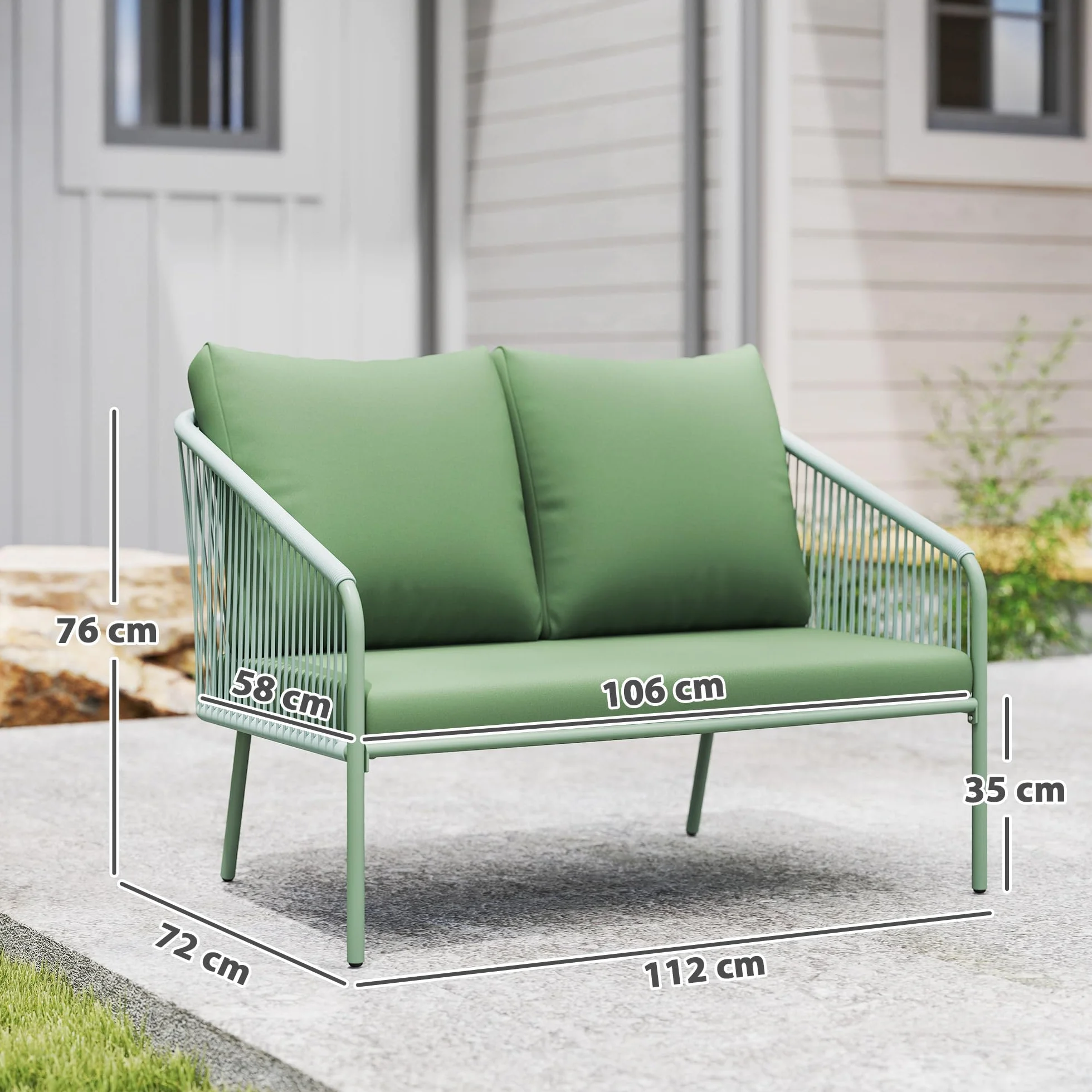 Outsunny Divano da Giardino 2 Posti in Rattan PE, Divanetto da Esterno in Stile Boho con Cuscini Sfoderabili, Braccioli e Telaio in Acciaio, Divano da Esterno, per Terrazza e Cortile, Verde