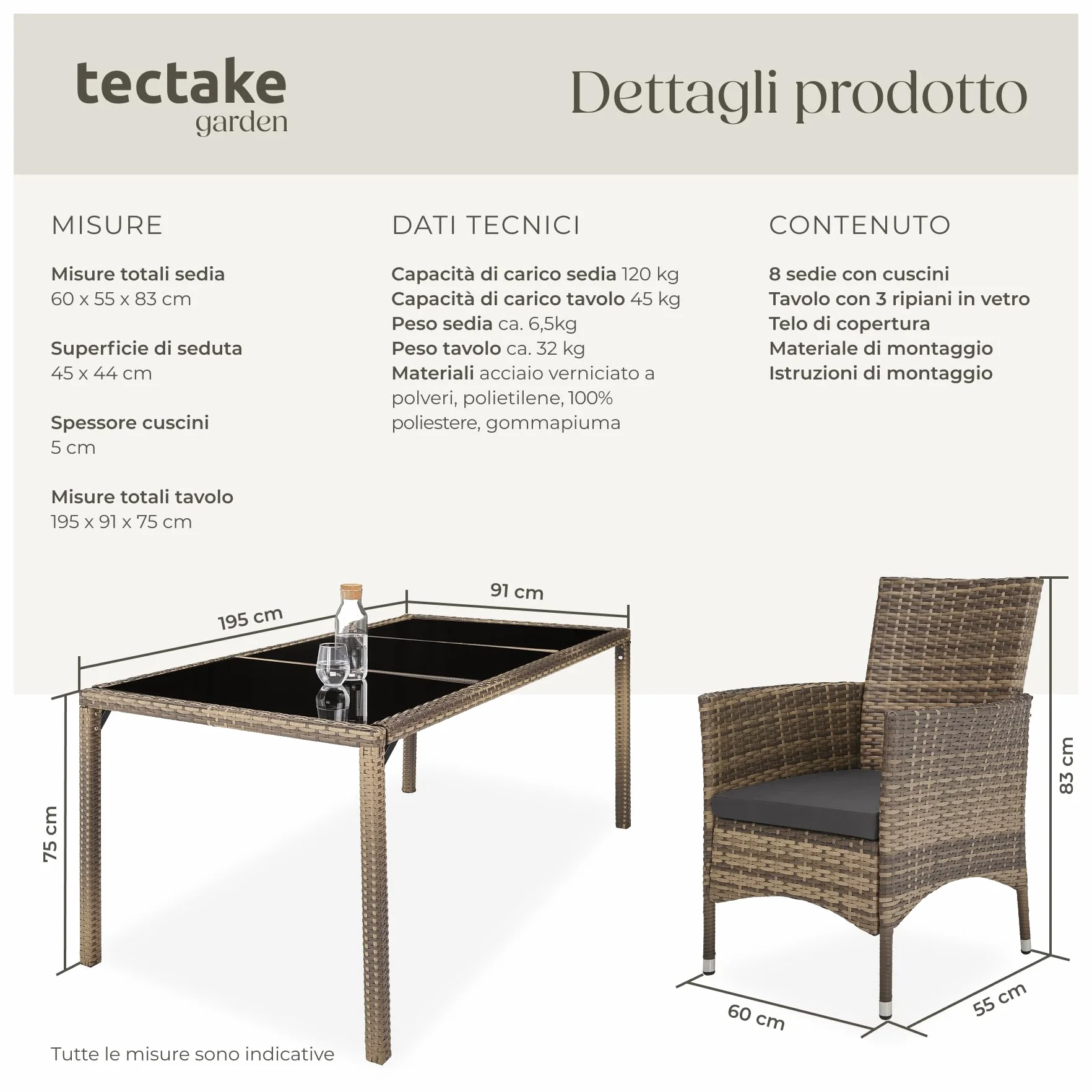tectake® Set Mobili Giardino 8 Sedie 1 Tavolo Cuscini Morbidi Poli Rattan Naturale/Grigio Scuro