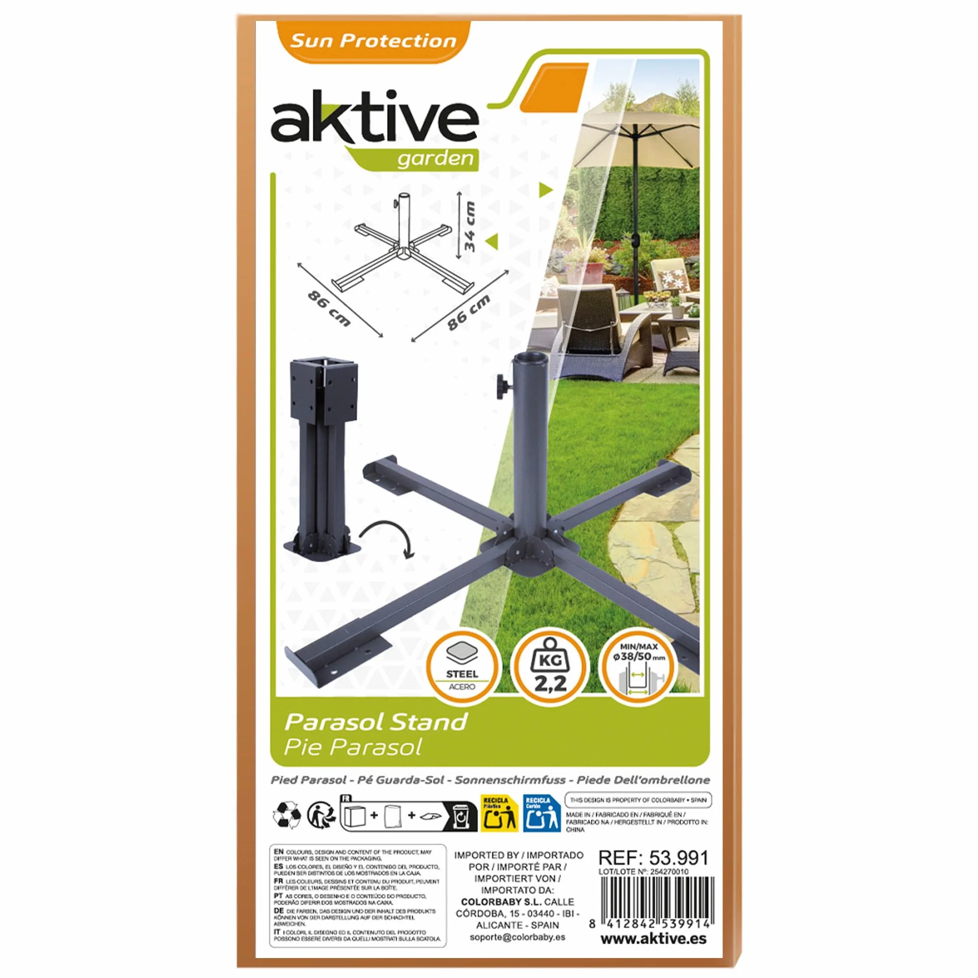 Aktive 53991 - Base ombrellone Pieghevole di Metallo 86x86x34 cm - Colore Nero