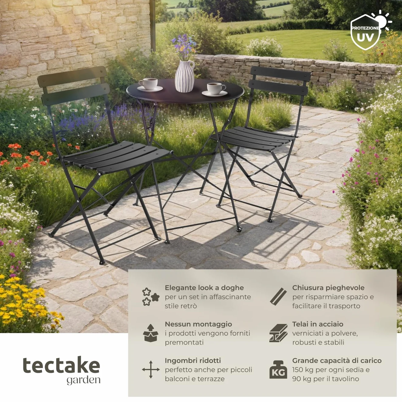 Tectake Set Bistrot Pieghevole per 2 Persone Telaio Acciaio Tavolo e Sedie Giardino Nero