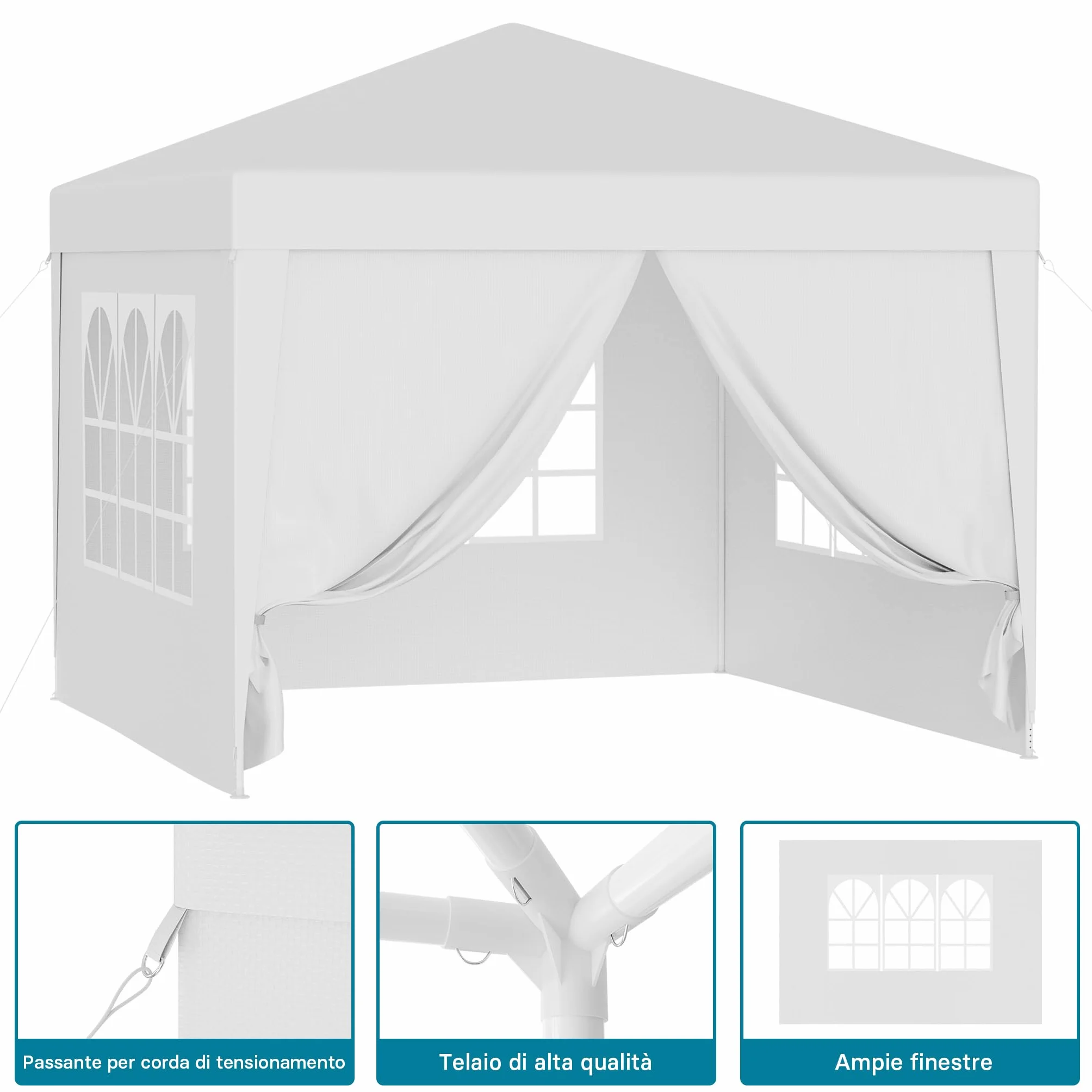 Wiltec Gazebo 3x3 m bianco protezione UV 50+ tendone da giardino lati rimovibili tenda da festa finestre