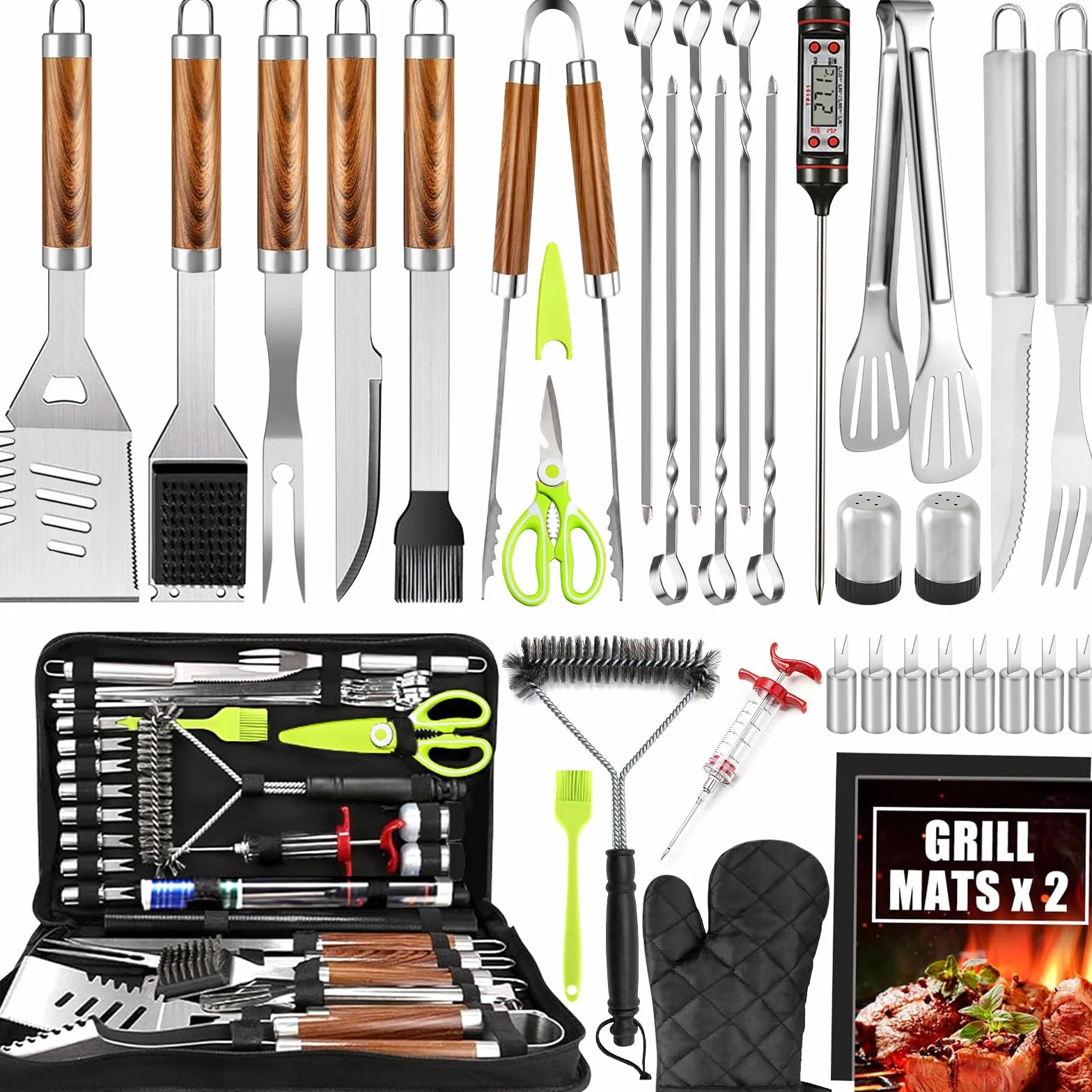 Set Barbecue 34 Pezzi, Utensili da Barbecue in Acciaio Inox, Accessori da Grill, con Borsa di Archiviazione e Tappetini, Regalo per Uomini, per Campeggio e Feste all'Aperto